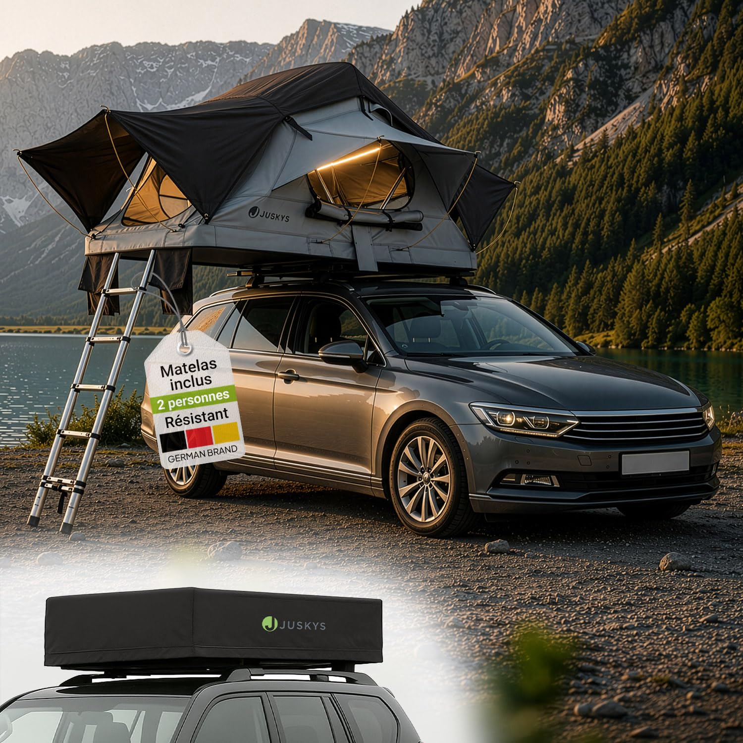 Juskys Tente de toit Lago pour voiture, construction robuste, imperméable et protection UV, tente de toit de voiture, camping, éclairage LED