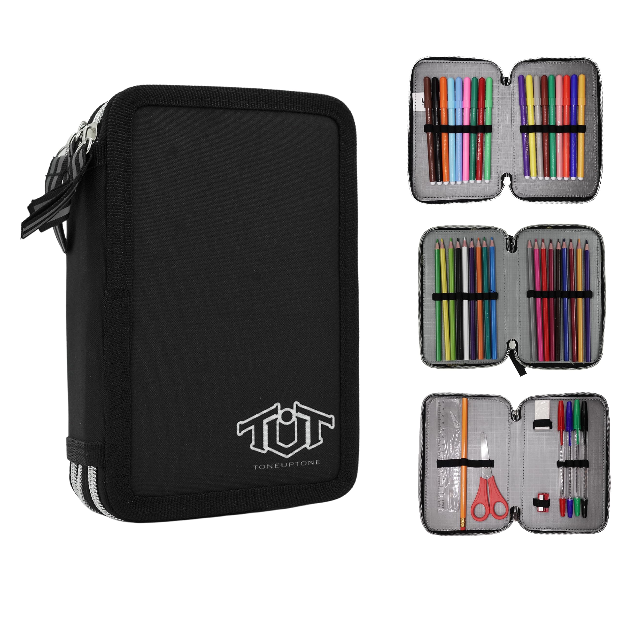 Goldkids ToneUpTone - Astuccio XXL per studenti, con 3 scomparti, 45 pezzi, con quaderno per compiti a casa, Nero , moderno