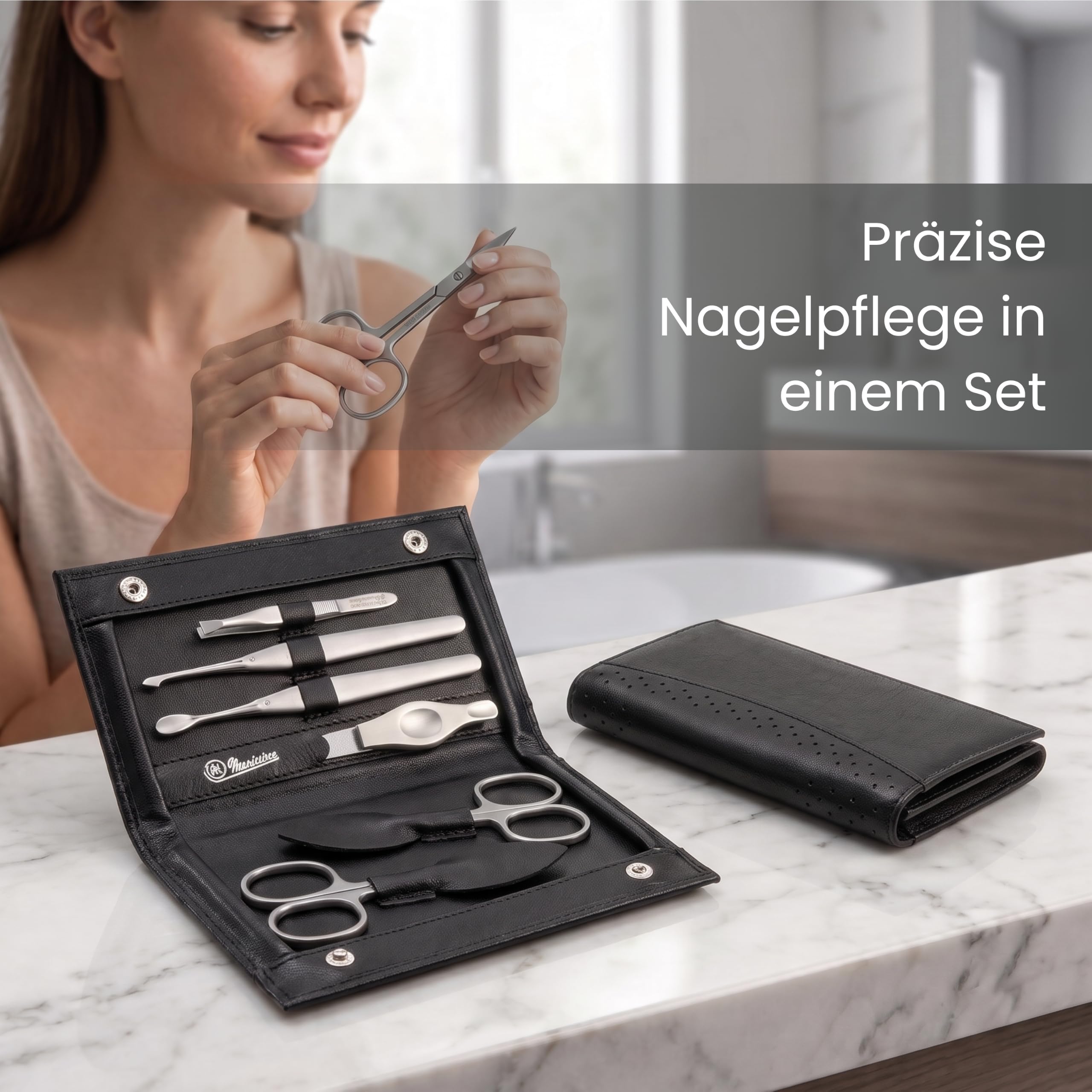 Hans Kniebes Maniküre Set 6-teilig Edelstahl Rostfrei - Nagelpflegeset für Damen und Herren im Leder Etui - Inkl. Nagelschere, Nagelfeile, Nagelhautentferner - Pediküre Set & Fußpflege Set