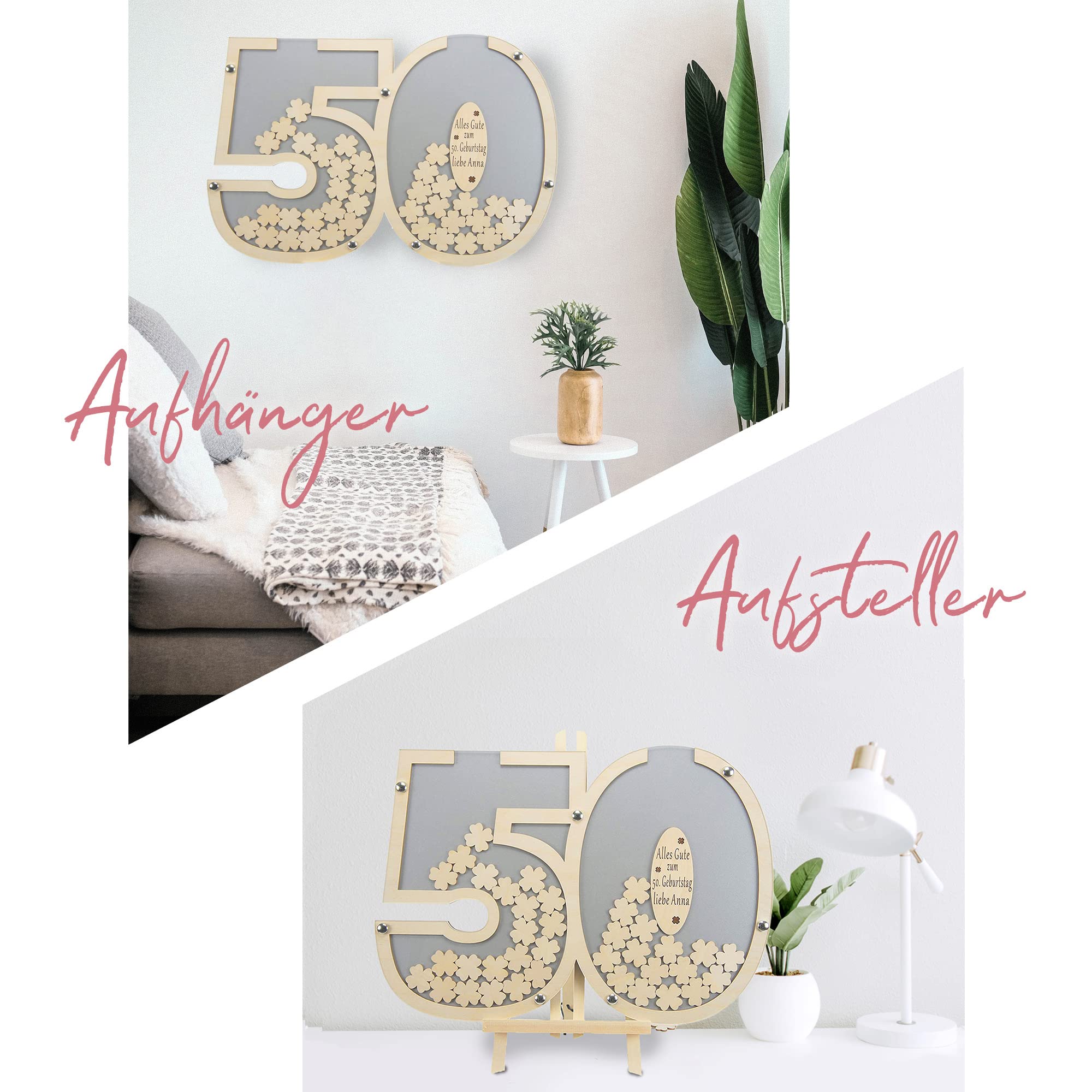 Besonderes personalisierbares Gästebuch aus Holzzahlen 50 | 40x60 cm in Grau | Holz Kleeblätter zum Beschriften für Namen und Sprüche z.B. Geburtstag - Geburtstagsdeko mit Acrylglas