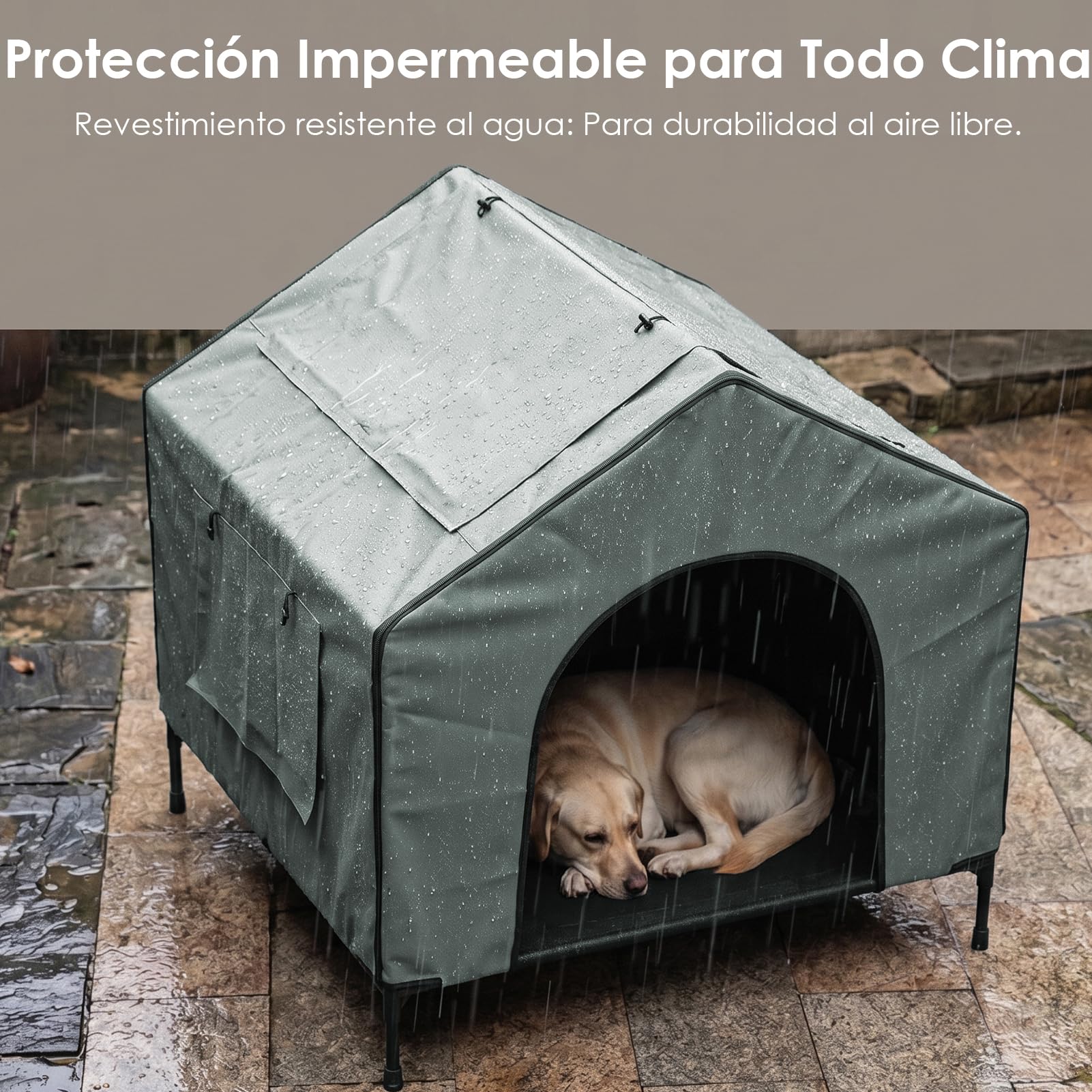 Caseta para perros Grande con Techo 100cm,3 en 1 Casa Perro Impermeable | Casa de Perro Exterior con Cortina Opaca, Elevada Cama Perro Impermeable y Protección UV 50+, Caseta Perros Resistente Jardín