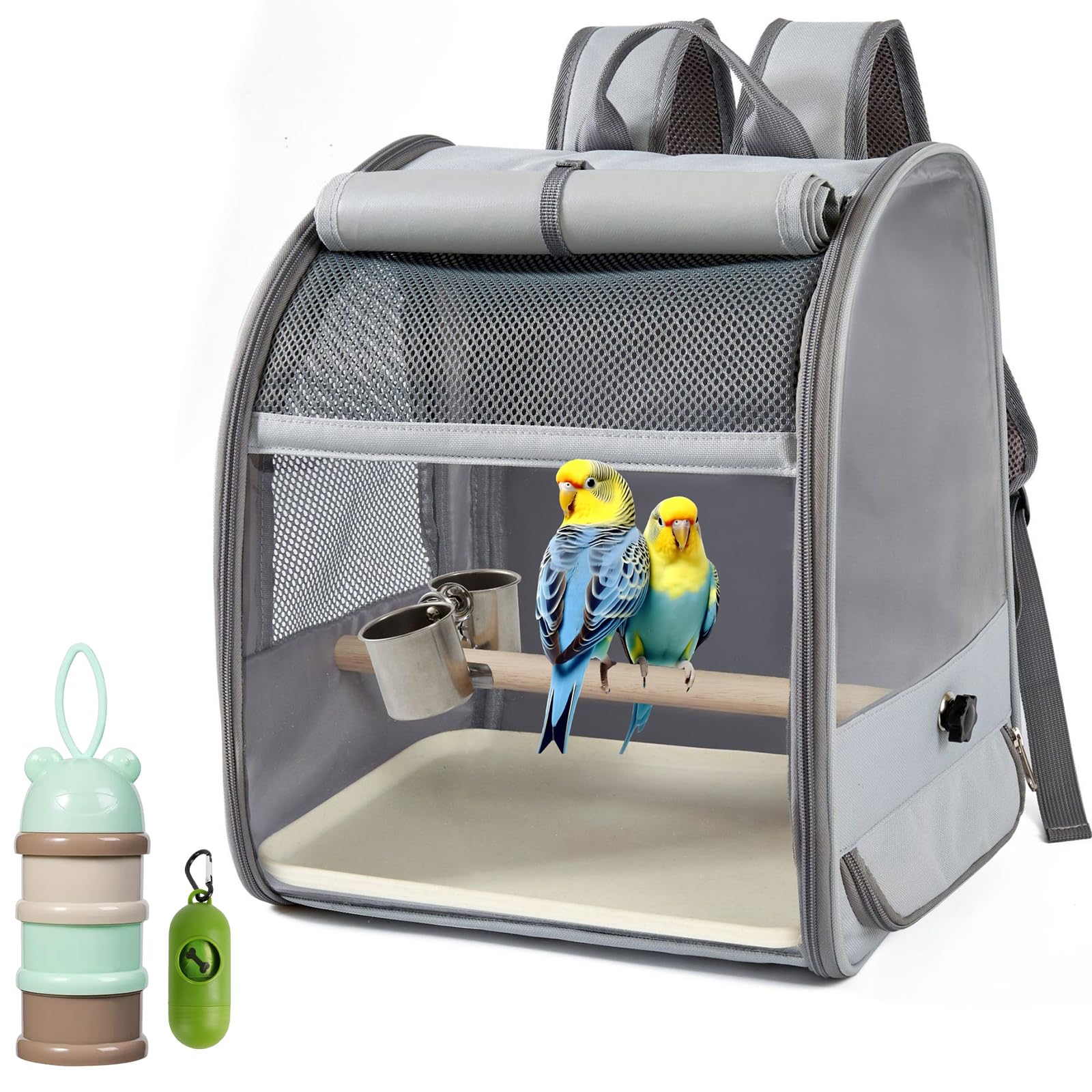 Mochila transportadora para pájaros, contenedor de transporte para pájaros con comedero y recogedor de heces, jaula de viaje para pájaros, jaula portátil para mascotas de malla transpirable para