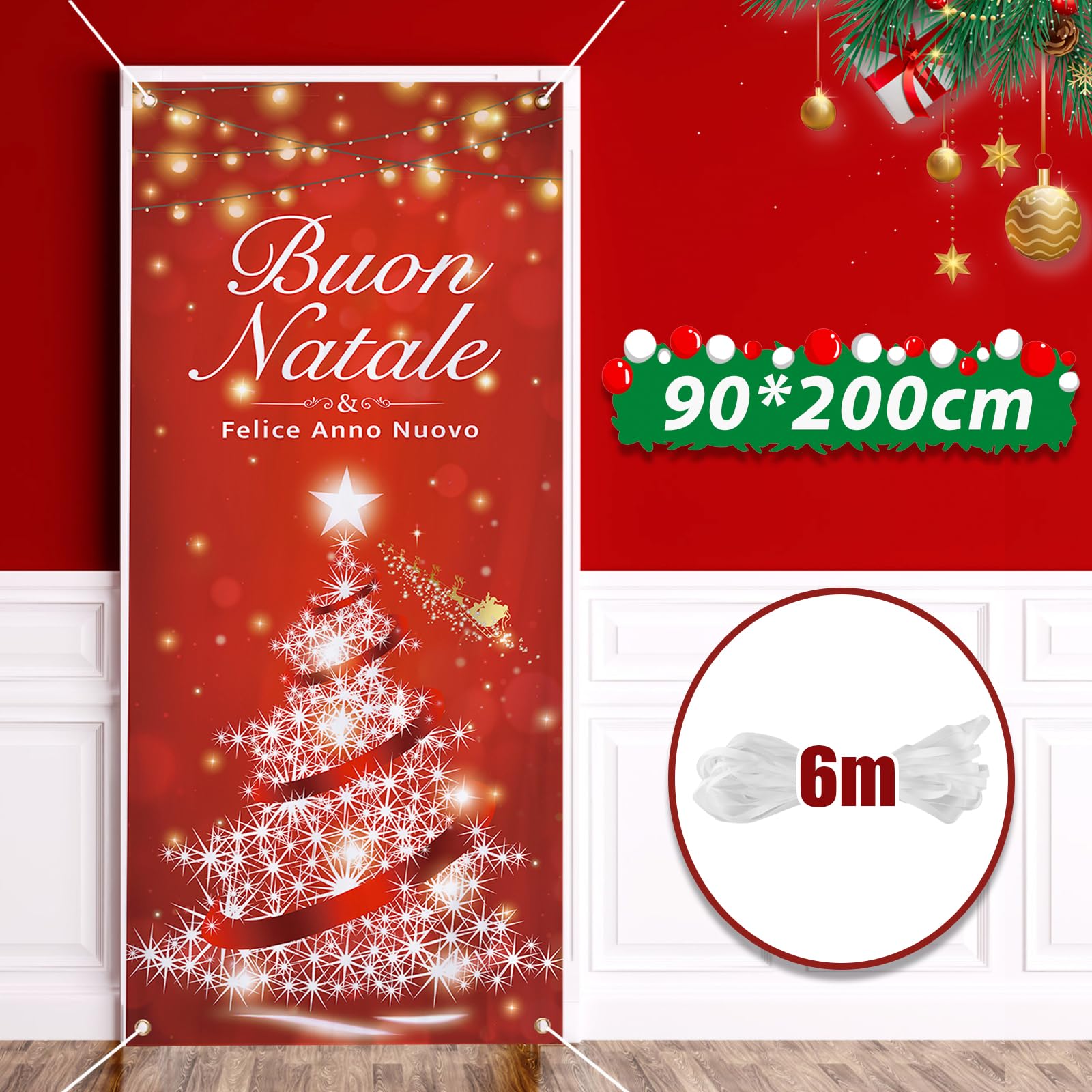 Chickwin 2Pz Banner Natalizio per Porta Striscioni Natalizi Segno del Portico di Natale Banner Distico Decorazioni Natalizie Porta Ingresso Casa Benvenuti (180x30cm,I Fiori Sono i Benvenuti a casa