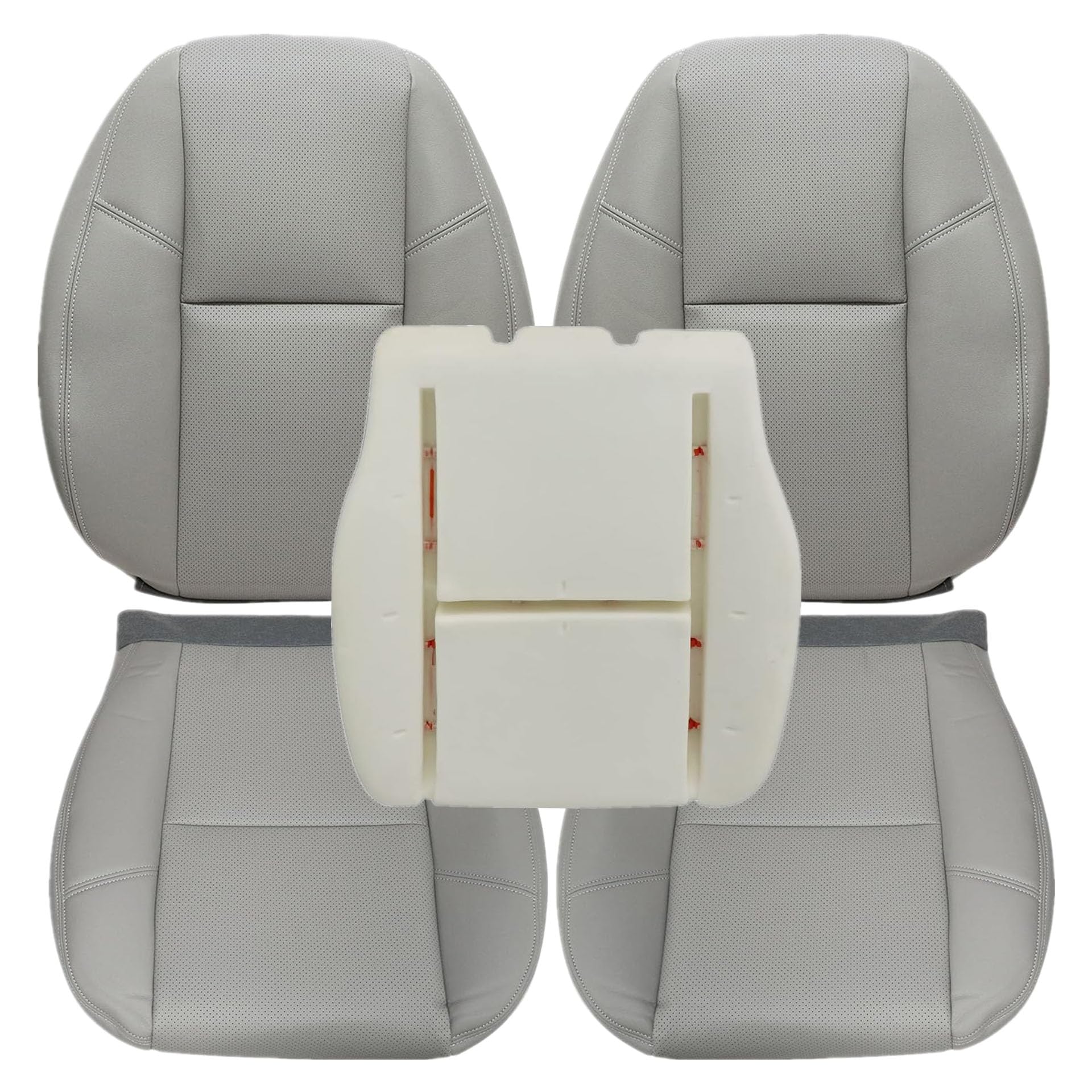 GXARTS Driver Bottom Foam Cushion And Driver & Passenger Bottom and Top Lean Back Replacement Perforated Leather Seat Cover Light Titanium Gray Fit For Chevy Suburban Tahoe GMC Sierra Yukon 2009-2014