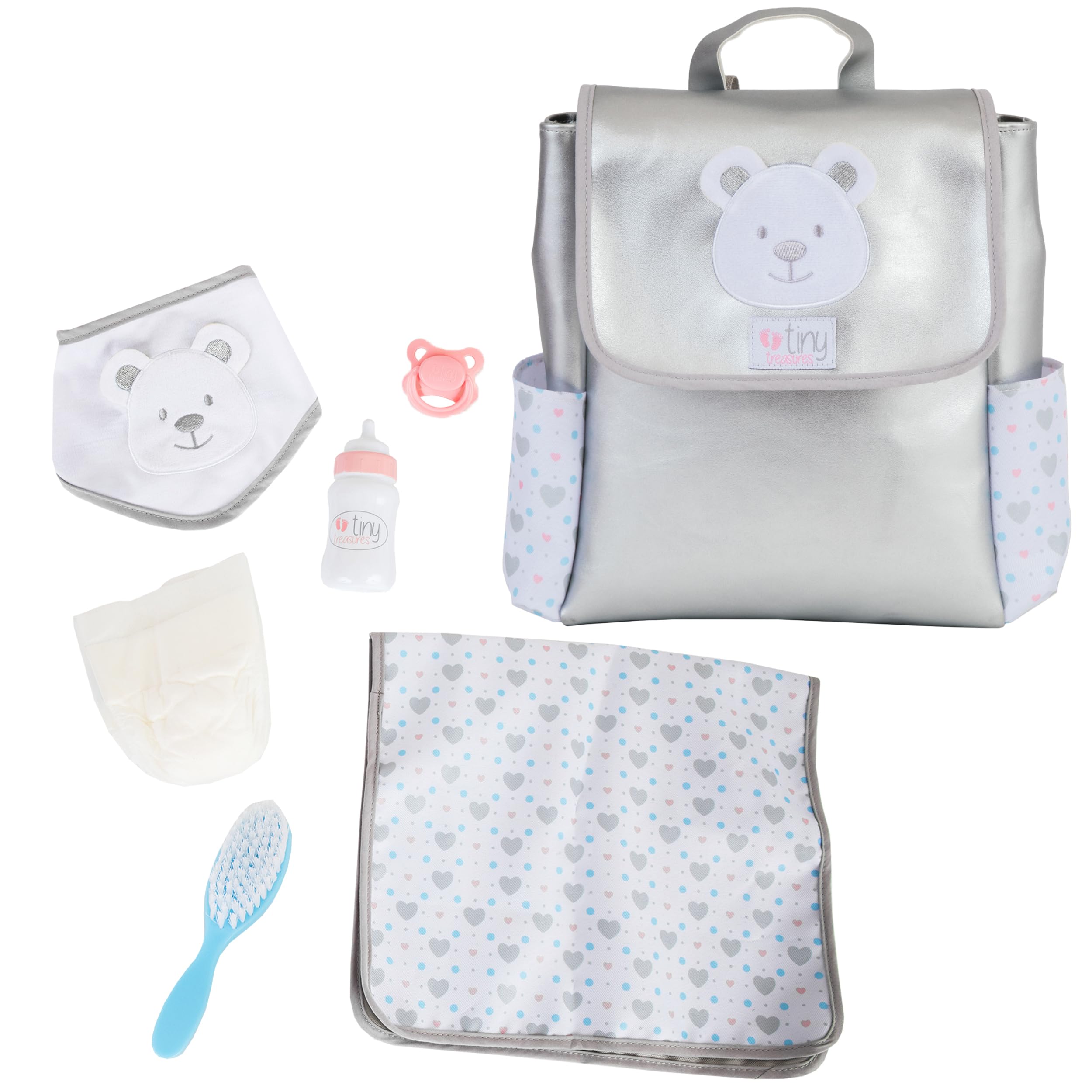 Tiny Treasures Baby Doll Changing Bag Rucksack – 44cm Doll Accessories Set with Bottle, Bib, Nappy, Soother, Brush & Changing Mat
