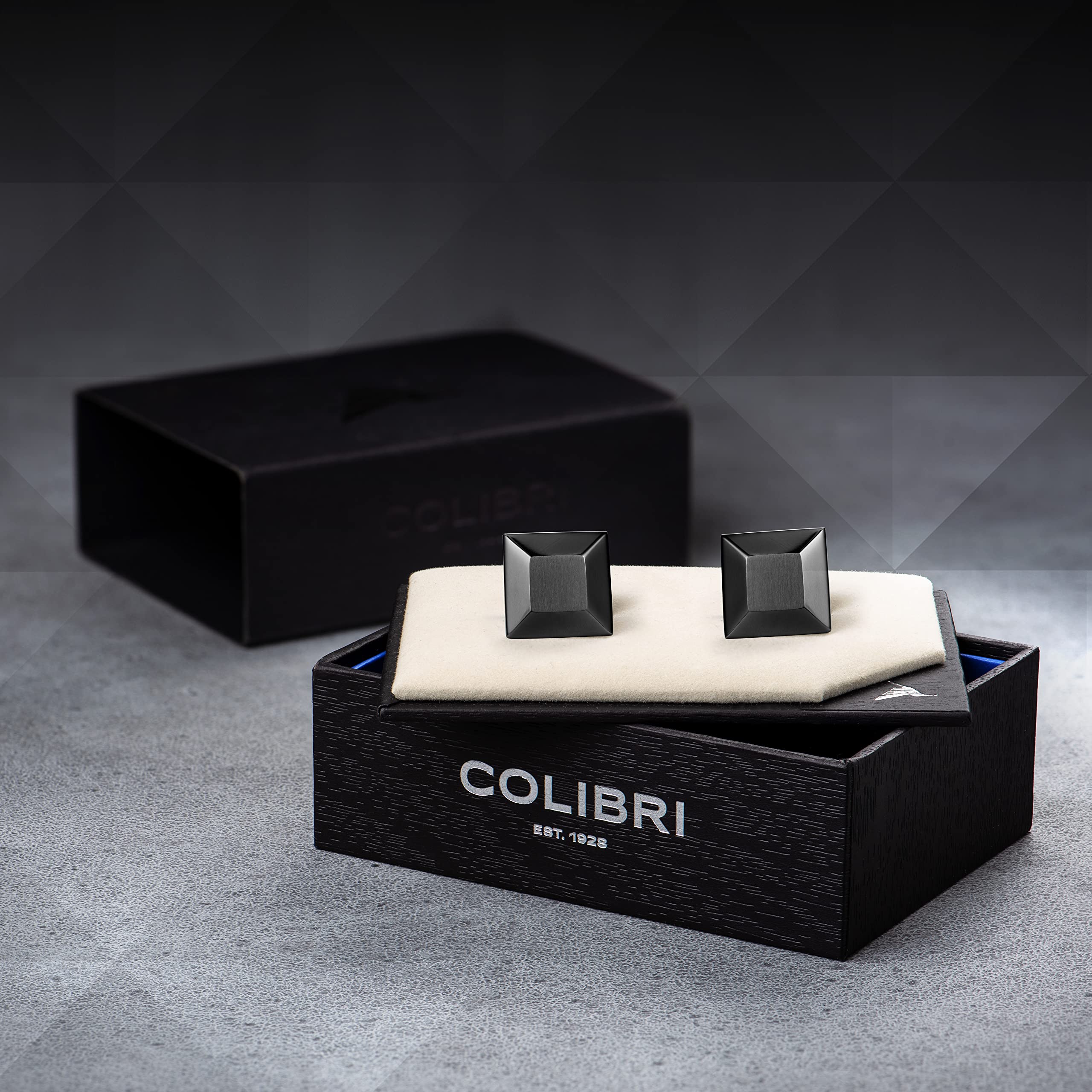 Colibri Zephyr Manschettenknöpfe für Herren – polierter Gunmetal/Stahl – Designer-Manschettenknöpfe mit drehbarem Walschwanz-Verschluss – Geschenkbox