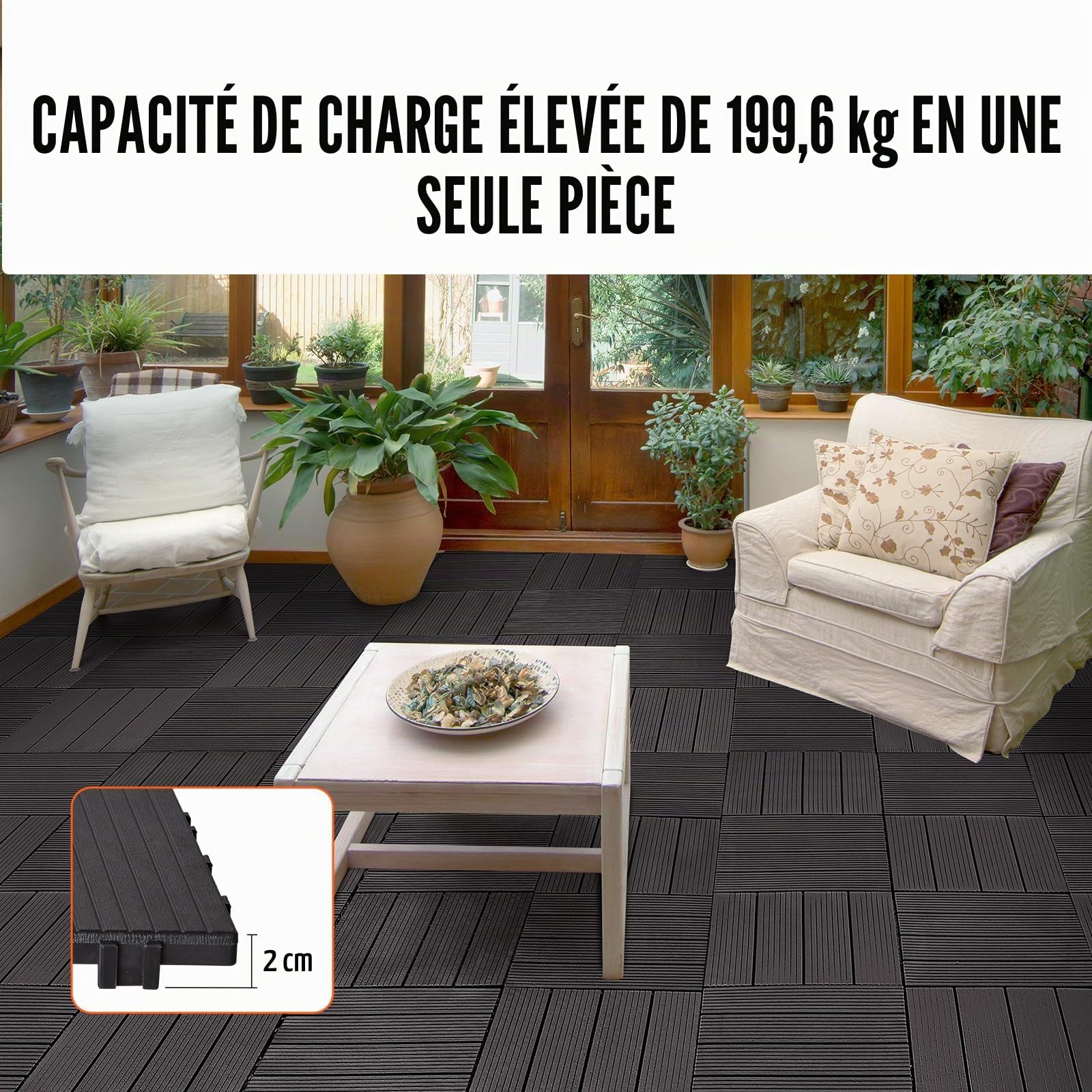 VEVOR Dalles de Terrasse Emboîtables, Lot de 36, Revêtement de Sol Plastique Imperméable, 300x300 mm, 33444 c㎡, Utilisation par Tous les Temps, pour Porche, Piscine, Balcon, Arrière-cour, Marron Foncé