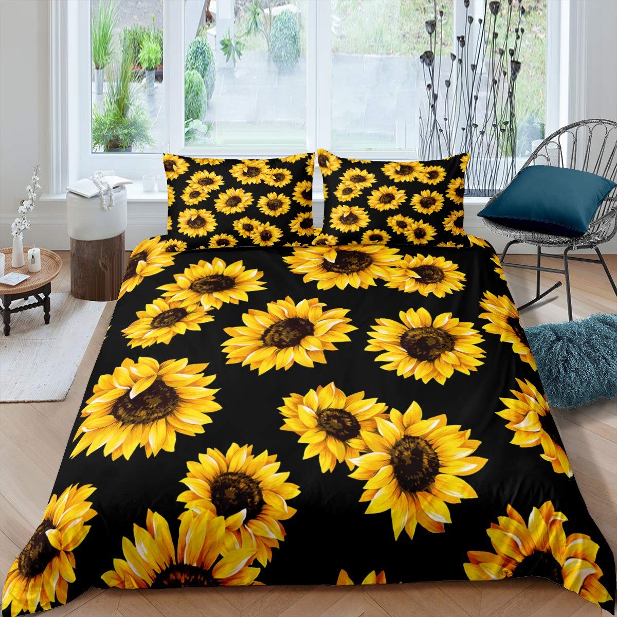 Juego de con Girasoles en 3D para niñas,con Floral,Funda de edredón para niños,Mujeres,Girasol,Flores,Ropa de Cama,Tema botánico, Amarillo Brillante y Negro, 1,King