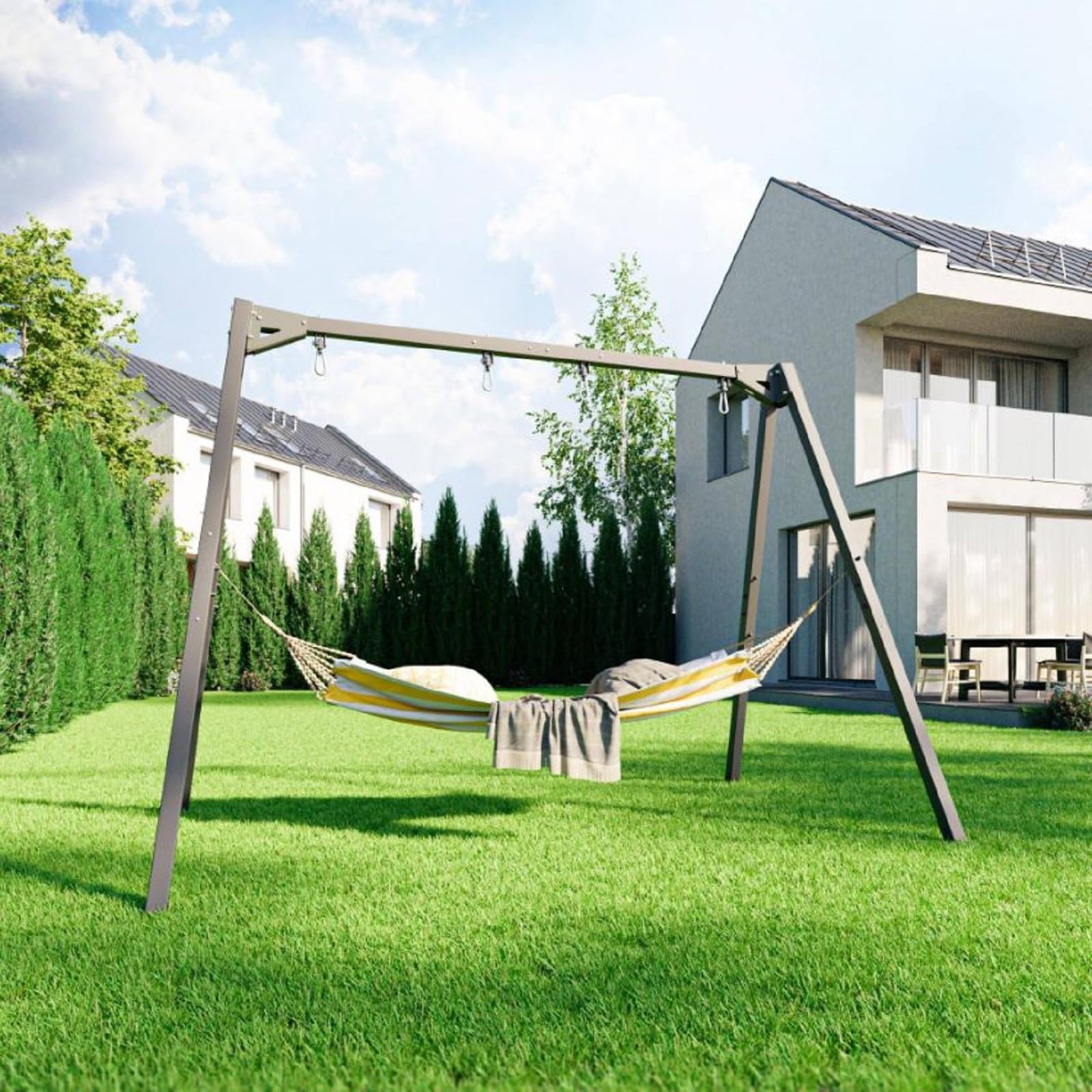 QLS Struttura acciaio per altalena doppia/nido 200 kg | Acciaio verniciato 60 x 60 x 2 mm, misure 306 x 172 x 212 cm, seduta e corde escluse