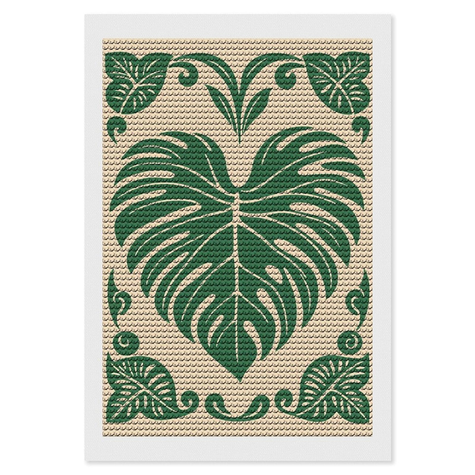 Junmoney Monstera Leaf Green Beige Illustration DIY Diamond Art Canvas Kit 8"x12", Adhesive Canvas, Easy to Enjoy, Farmhouse Decor, Festive Craft Gift