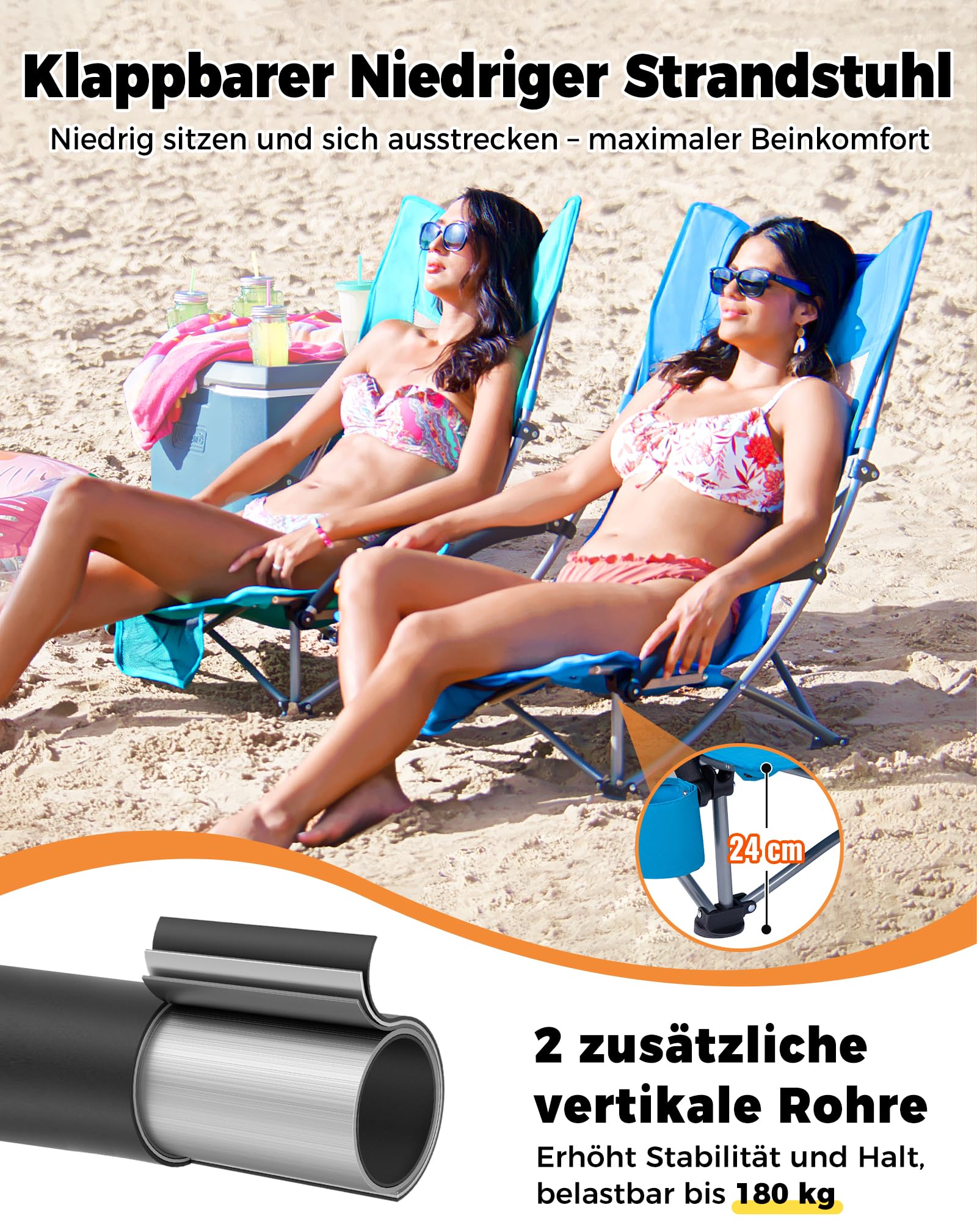 KingCamp Niedrig Strandstuhl Klappbar Leicht, bis 180 kg Belastbar, Campingstuhl Strandstuhl Faltbar mit Hohe Netzrückenlehne, Klappstuhl Strand mit Getränkehalter Netztasche, Strandsessel Cyan
