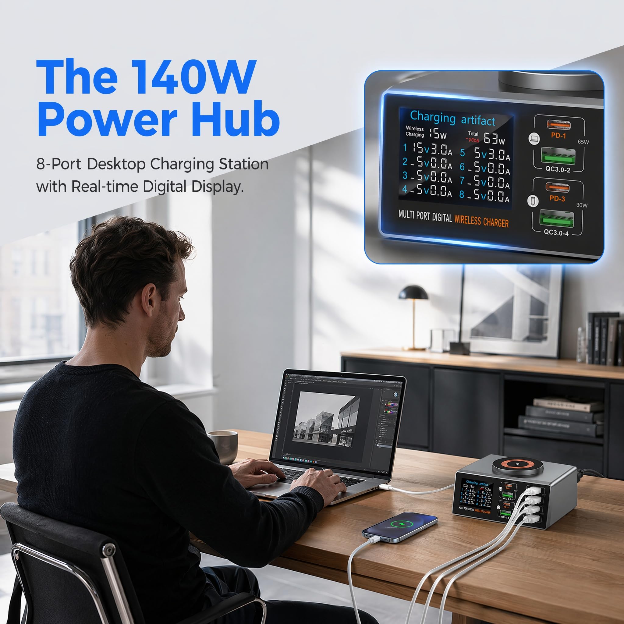 Chargeur Intelligent Multifonctionnel 140 W avec indicateur d'absorption magnétique, Chargeur USB-C 8 Ports avec PD 3.0 et QC 3.0 (65 W), Chargeur sans Fil magnétique, écran LCD