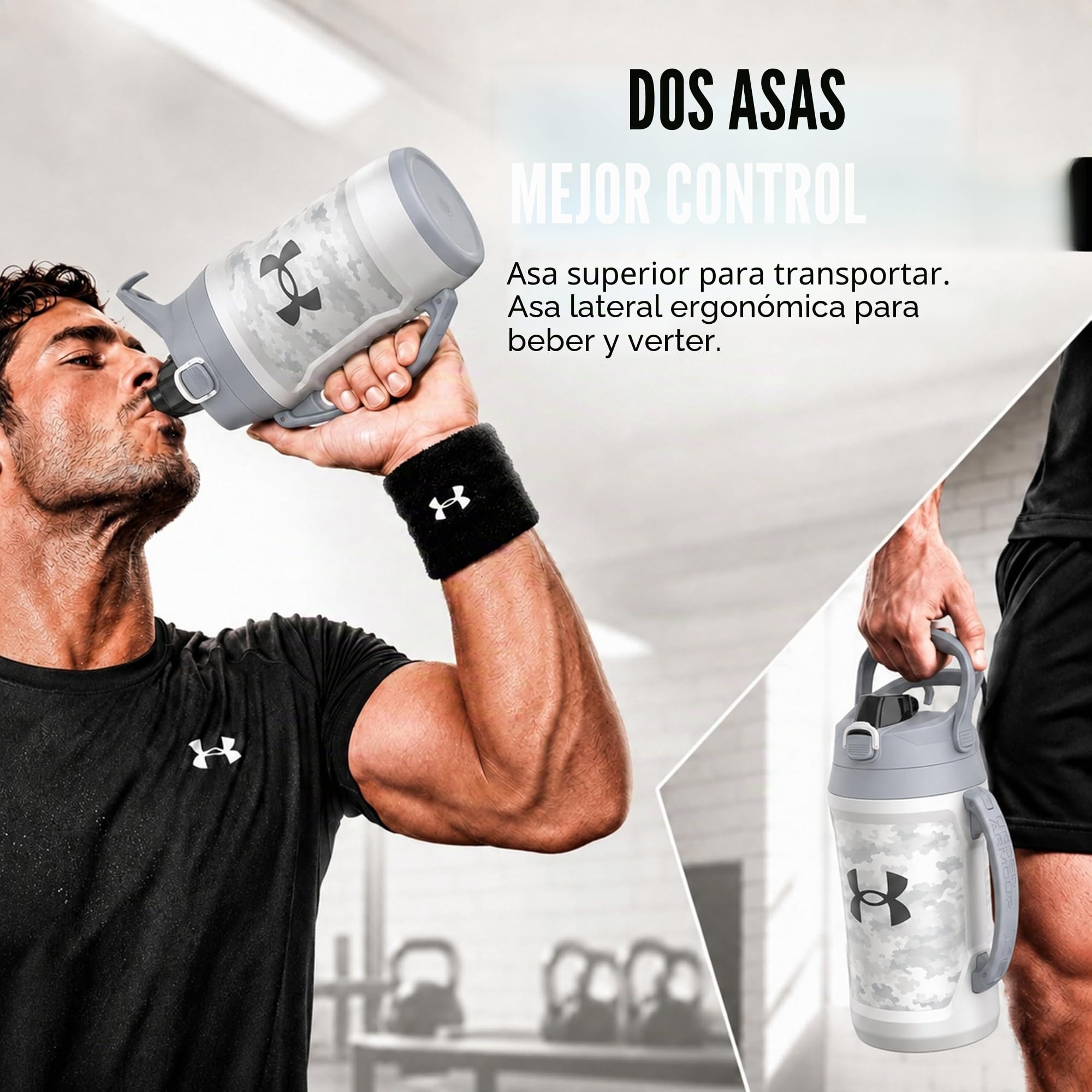 Under Armour Jarra de agua deportiva, botella de agua aislada de 64 onzas con asa, medio galón, gancho de cerca, resistente a fugas, béisbol, fútbol y más | con asa