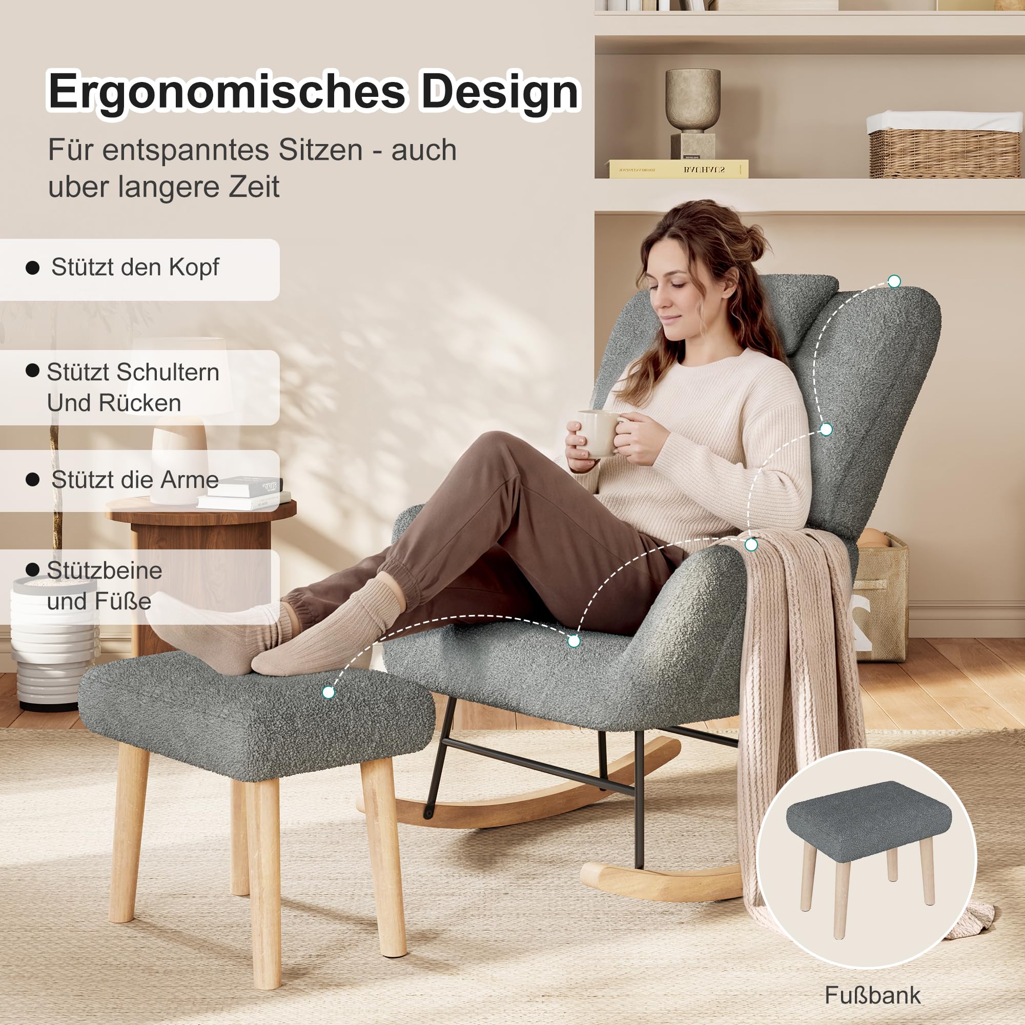 PerGar Sedia a dondolo con sgabello, in peluche, colore grigio, 150 kg