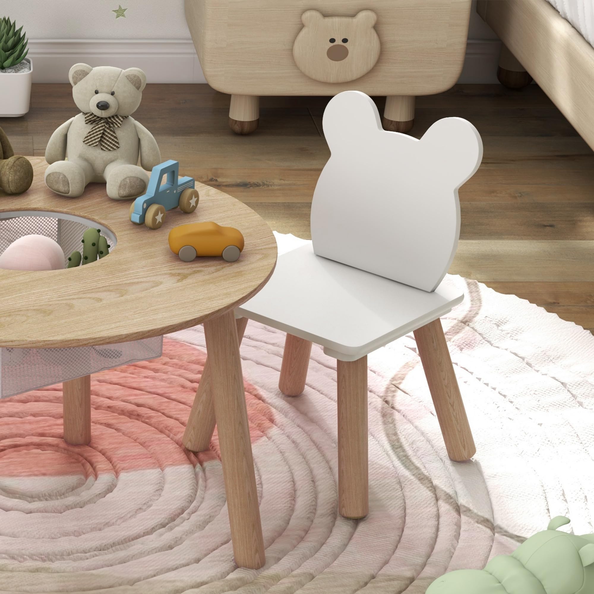 AIYAPLAY Table Enfant avec Chaise, Ensemble de Table et 2 chaises pour Enfants, Dossier en Forme d'ours pour Jouer, étudier, Bricolage, 3-6 Ans, Bois Naturel
