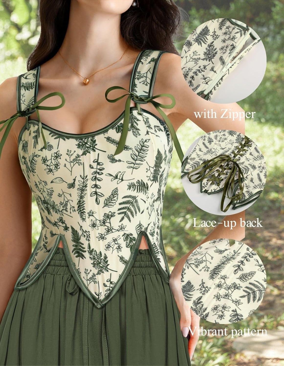 SCARLET DARKNESS Corset Tops for Women Renaissance Costume Floral Lace Up Boned Bustier with Zip - Image 2