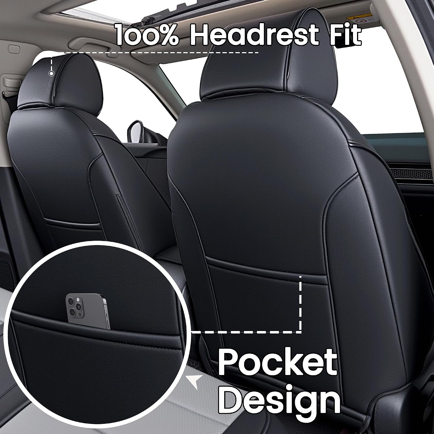 HKZ Custom Fit Civic Seat Cover Full Set for Honda Civic 4 Door (Hatchback Sport 2022-2026)&(Hatchback LX 2022-2024) 5-Seats Full Set,Leather Seat Protector(Black+Grey)