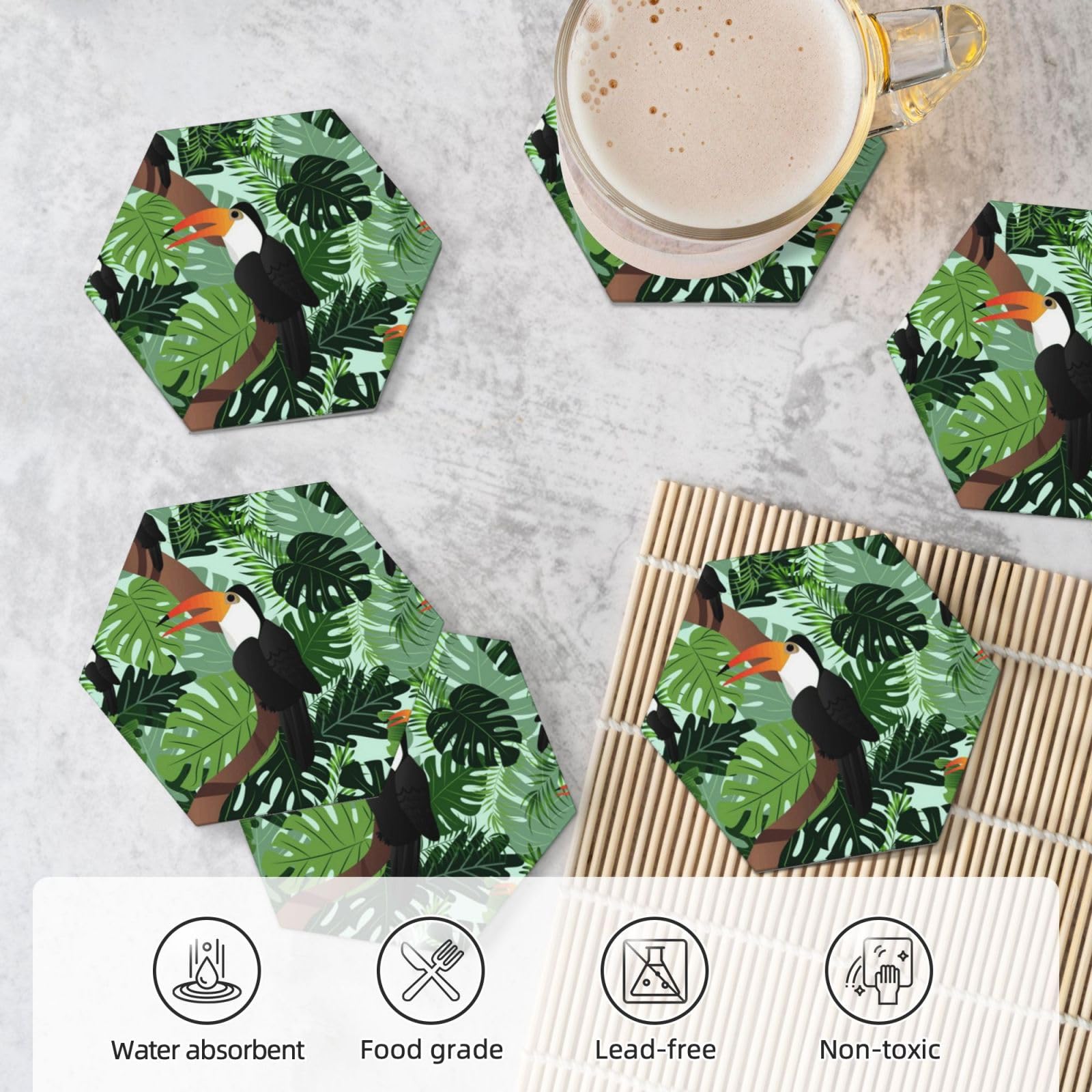Sottobicchieri in ceramica con stampa di foglie tropicali e uccellini, set di 6 sottobicchieri decorativi