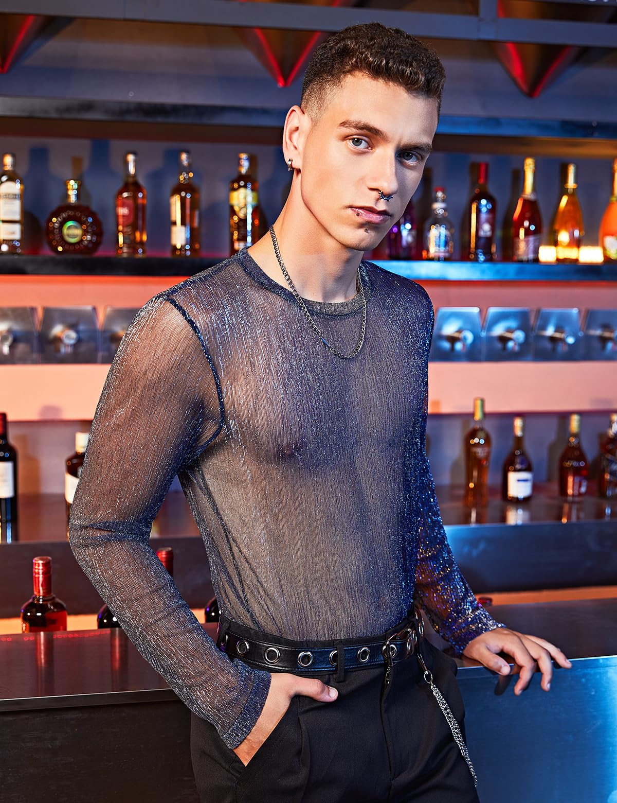 Casey Kevin Camiseta Transparentes Manga Larga Hombre Brillo Lentejuelas Rejilla Camisa Fiesta Plateada Brillante Ropa Sexy Top Fiesta Discoteca Punk Nocturno Jazz Rock Hip Hop Dance Clubwear