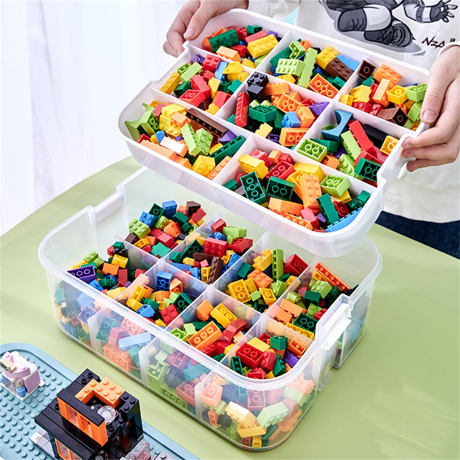 Toy Storage Organizer for Lego, 3 Tier Stackable Storage Bin Transparent Building Bricks Puzzle Craft Plastic Container Organizing Sorter for Kids, Green