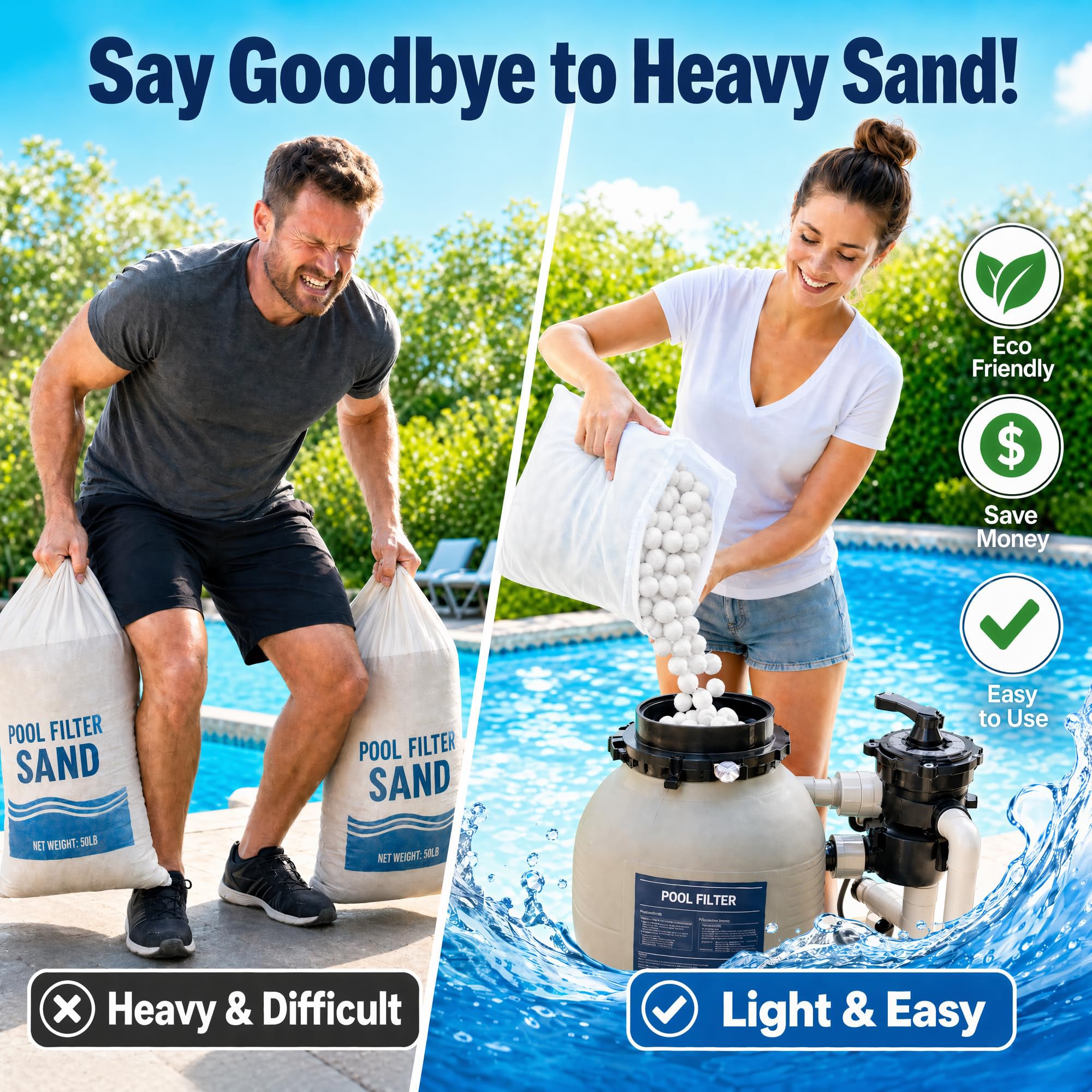 Balles filtrantes de piscine de 1,6 kg pour pompe de filtre à sable, balles filtrantes réutilisables pour piscine, aquarium (équivalent à 54,4 kg, blanc)