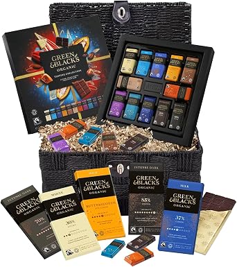 Green & Black's Chocolate Lovers Hamper Basket Gift - Birthday, Christmas, Thank You gift. Including G&B Tasting Collection,Milk, Butterscotch, White, Dark 70% and Dark 85% bars