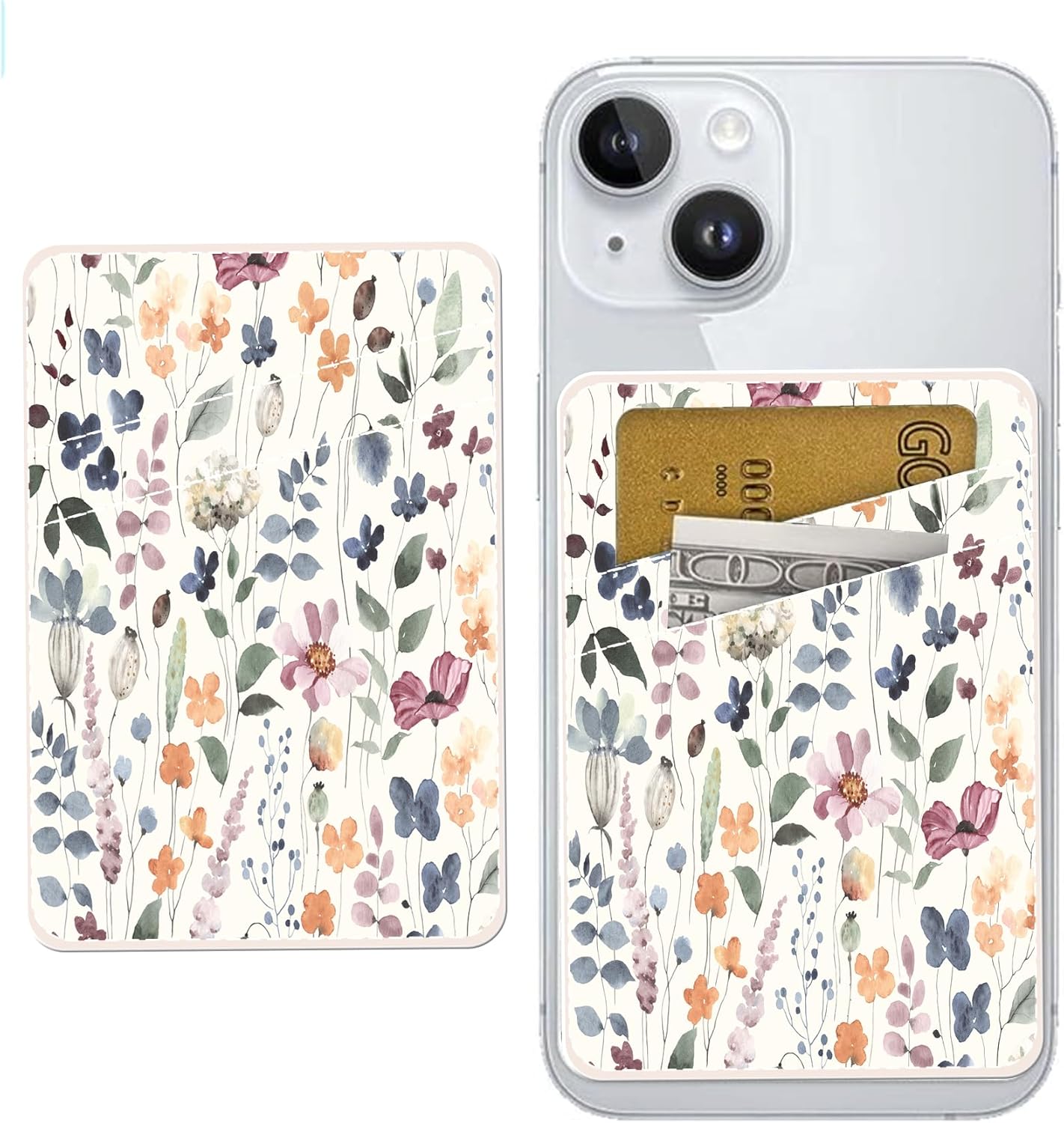 phone card holder - dual pocket leather wallet with adhesive, cute credit card holder for most phones - colorful boho leaf