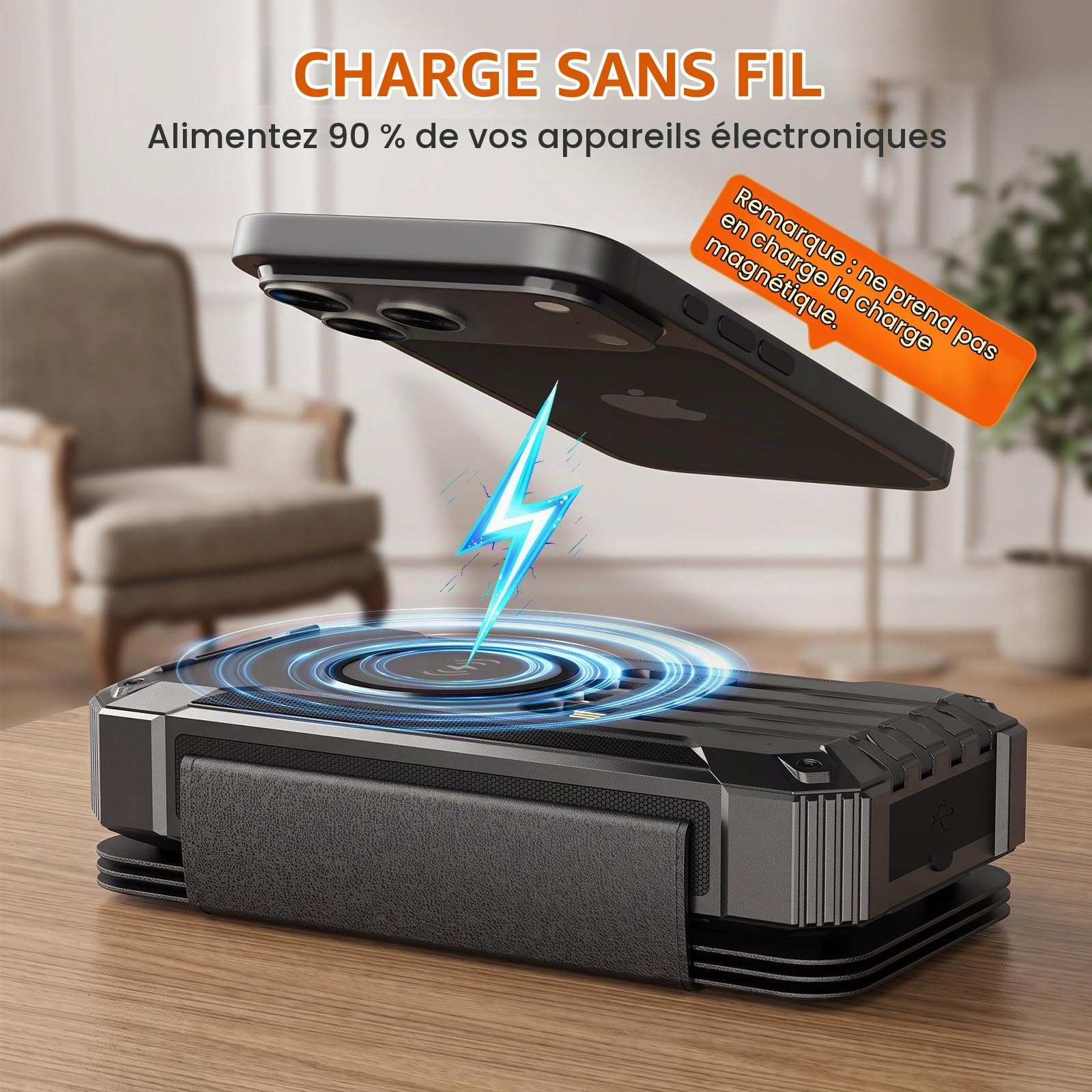 Batterie Externe Solaire 63000mAh chargeur portable sans fil avec 4 câbles, PD QC 3.0 chargement rapide, lampes à poche pour camping
