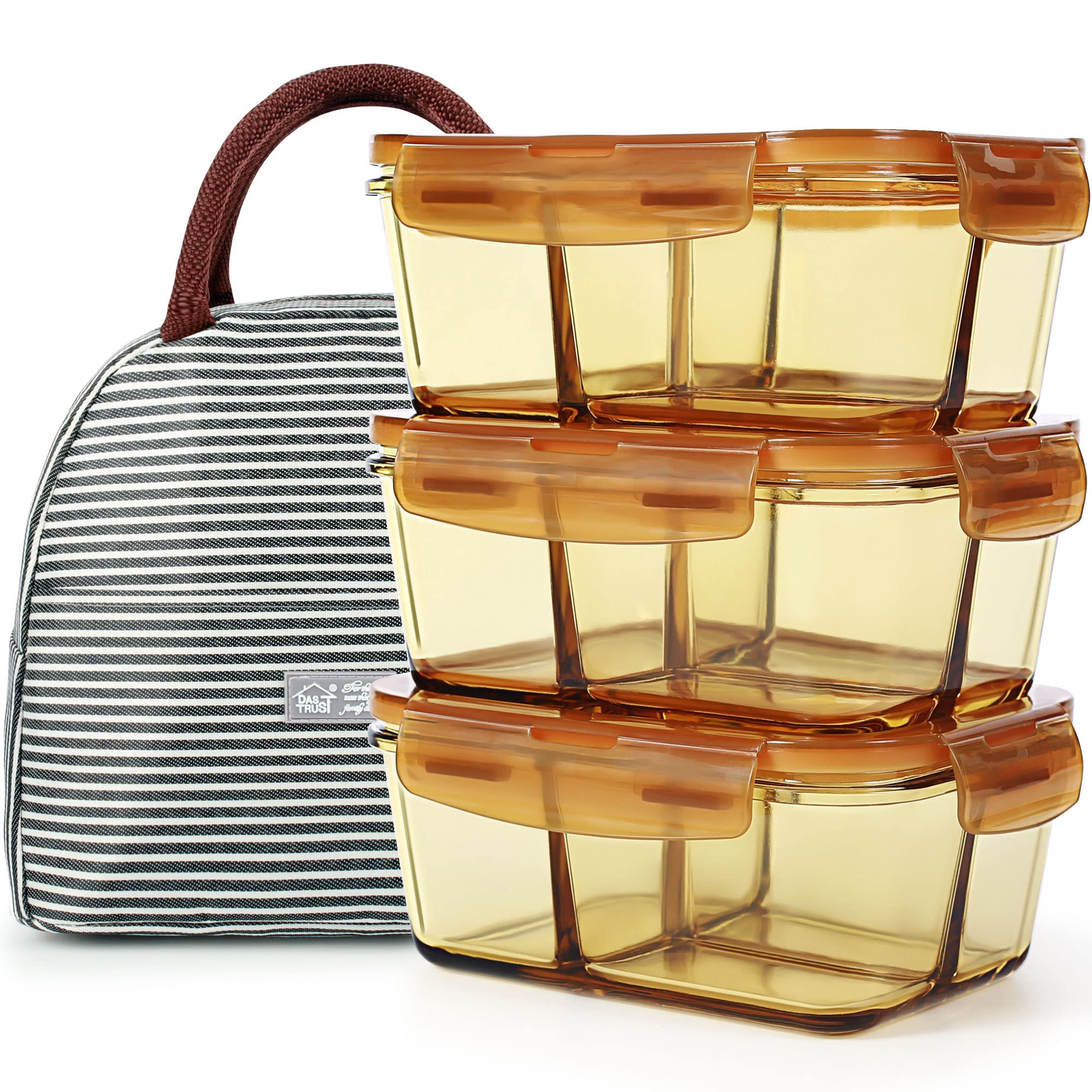 3 Pack 33.8oz Amber Bento Box Glass Meal Prep Containers 3 Compartments Glass Food Storage Containers with Lids Meal Prep Bowls Lunch Box Glass Food Prep Containers Lunch Container Microwave Safe
