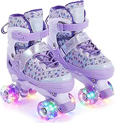 TOMSHOO Patins para meninas - Patins infantis ajustáveis com ajuste de 4 tamanhos (13C-3), rodas com iluminação intermitente, proteção tripla de rolamento ABEC para iniciantes (roxo, M)