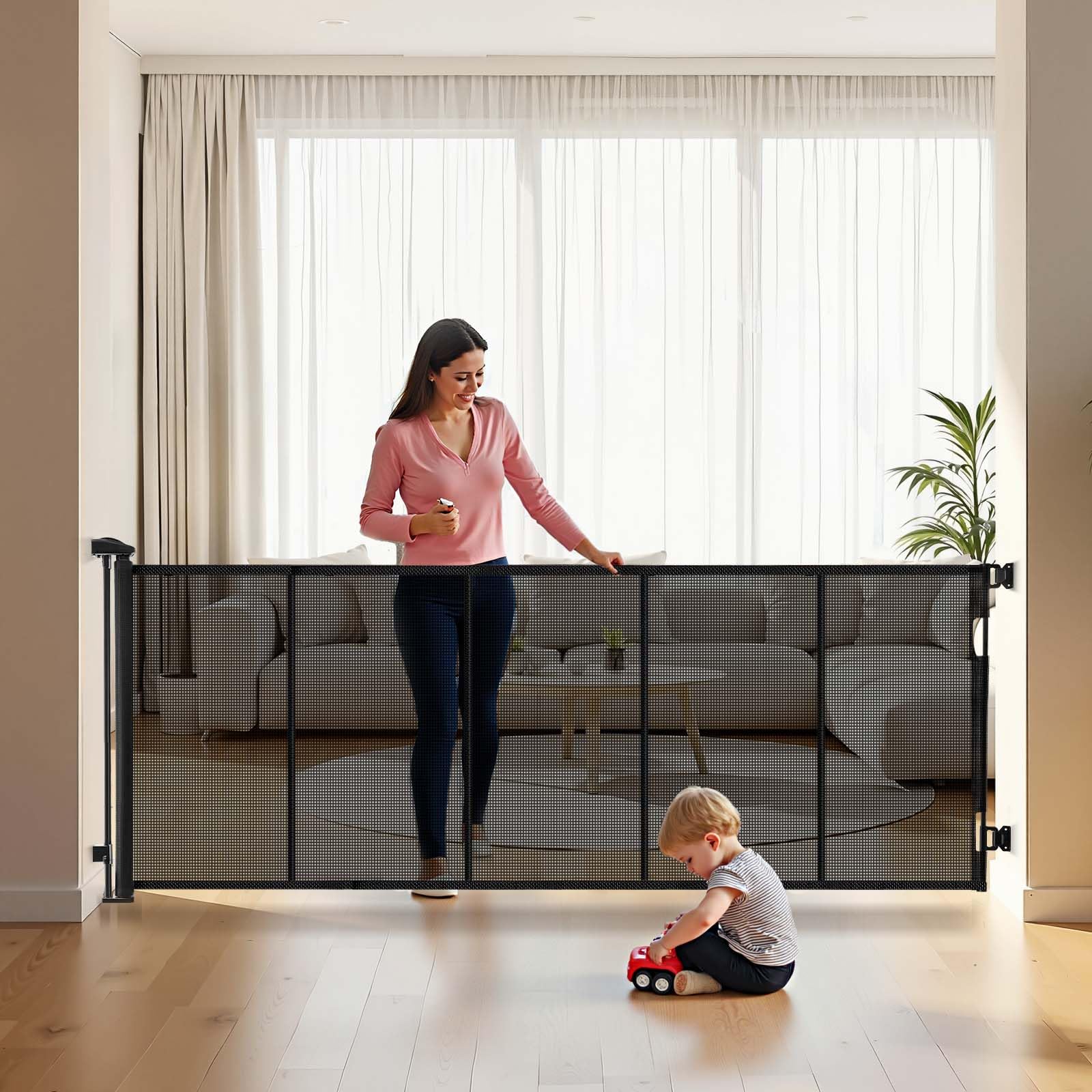 VEVOR Barrière de Sécurité Extensible, Clôture en Maille Jusqu'à 310 cm de Large et 79,​5 cm de Haut, Barrière Rétractable avec Bandes Renforcées en Fibre de Verre, pour Couloir Escalier Porte, Noir