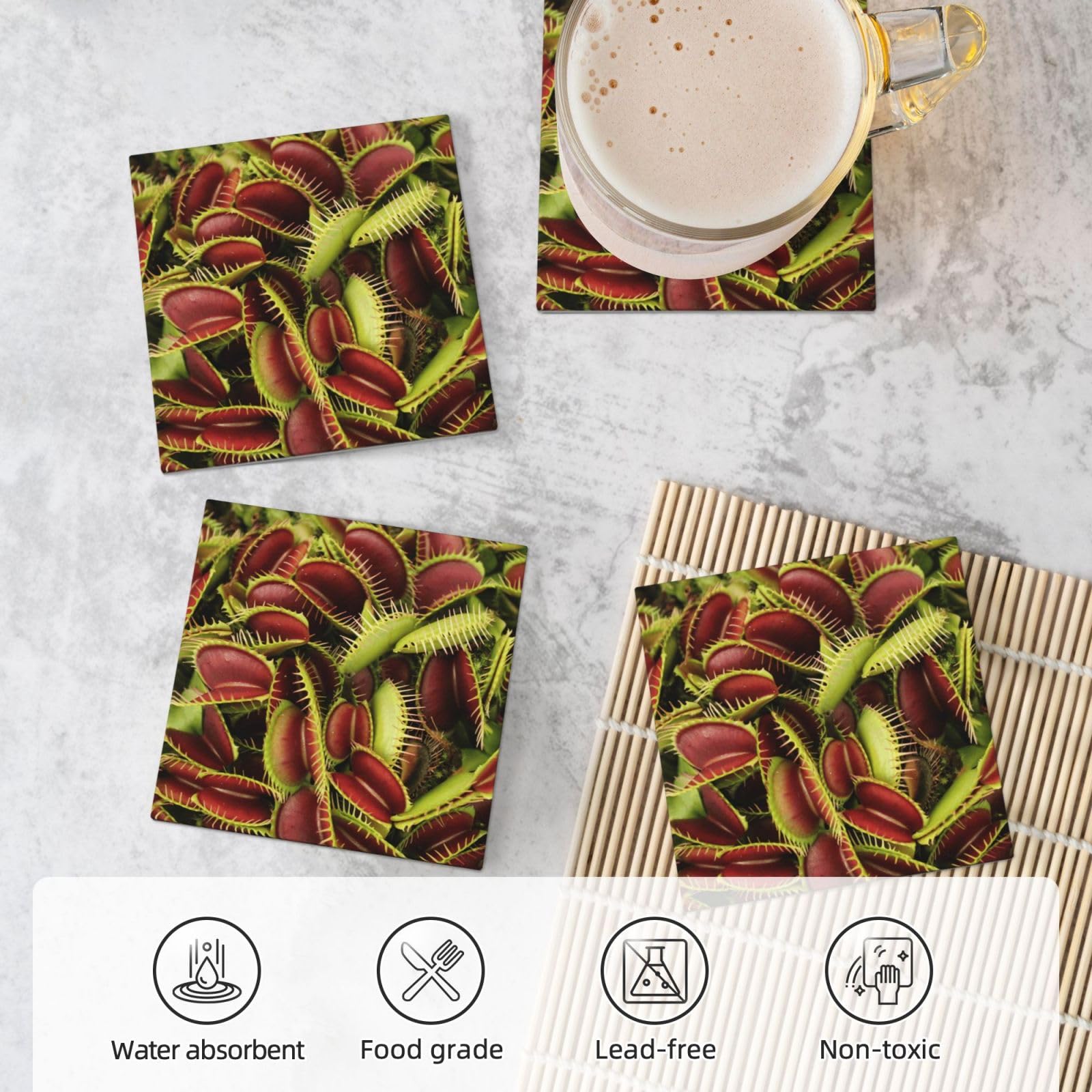 Set di 4 sottobicchieri in ceramica con stampa di piante carnivore