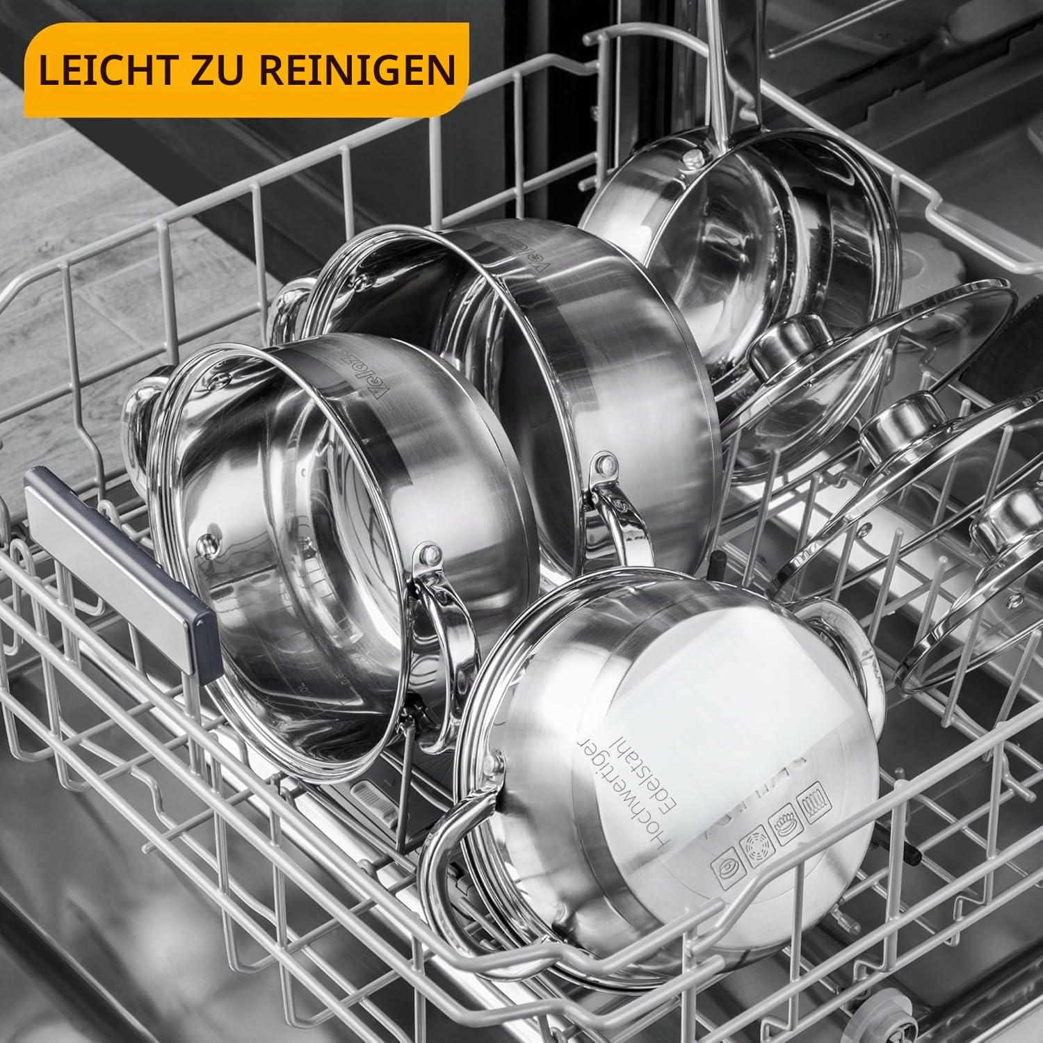 Velaze Töpfe Set, 7-teilig Kochtopf Set aus Edelstahl, Topf Induktion mit Glasdeckeln, PFOA frei, Klassisches Design, Topfset für alle Herdarten, Töpfe mit 3 Kochtöpfe und 1 Stielkasserolle