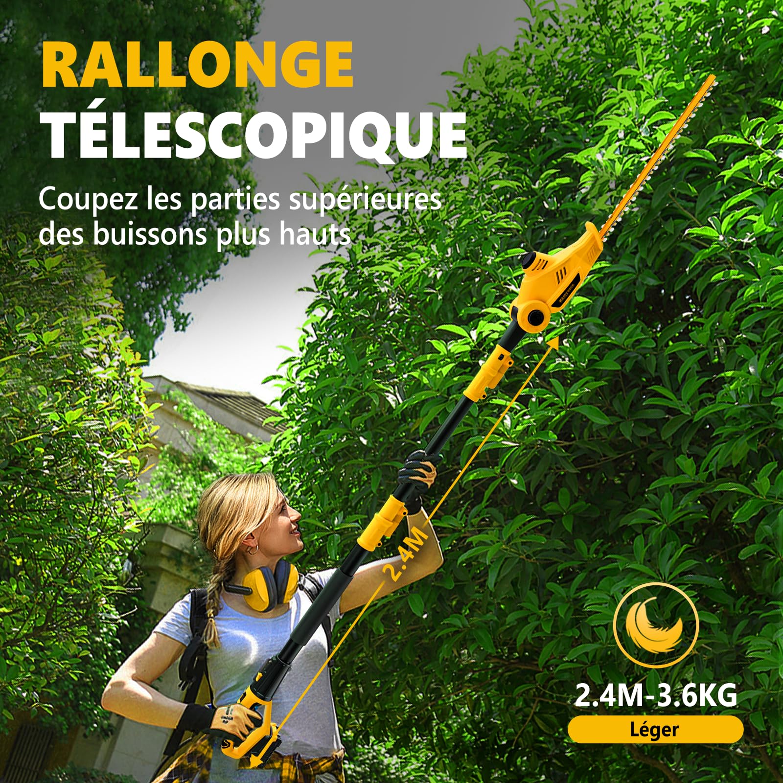 Alloyman Taille-Haie sans Fil Télescopique 20V Max sur Perche, Lame 40 cm, 2 Batteries 4,0 Ah et Chargeur, Manche Réglable 2,4 m pour Haies et Arbustes