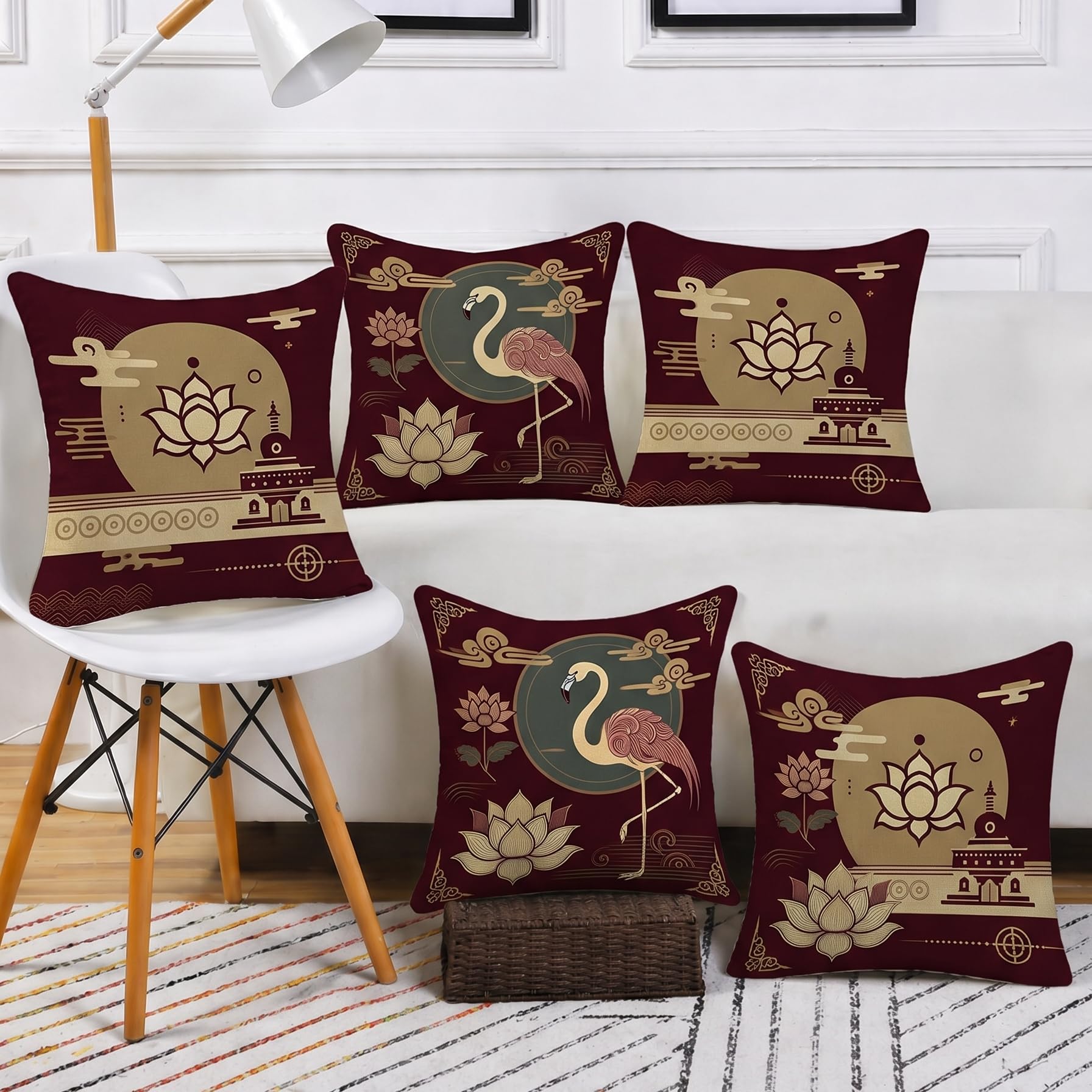 STITCHNEST Satin Cushion Covers Pack of 5 Oriental Flamingo & Lotus Print in Maroon and Gold, 16x16 Inch Decorative Cushion Set for Spiritual and Artistic Living Room Decor