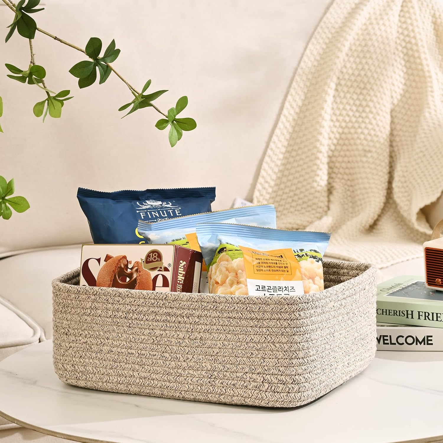 Shallow Storage Baskets for Shelves, 15x11x5.1 Inch Woven Baskets for organizing, 4 Pack Storage Bins for Nursery, Bathroom, Closet, Decorative, Mixed Brown
