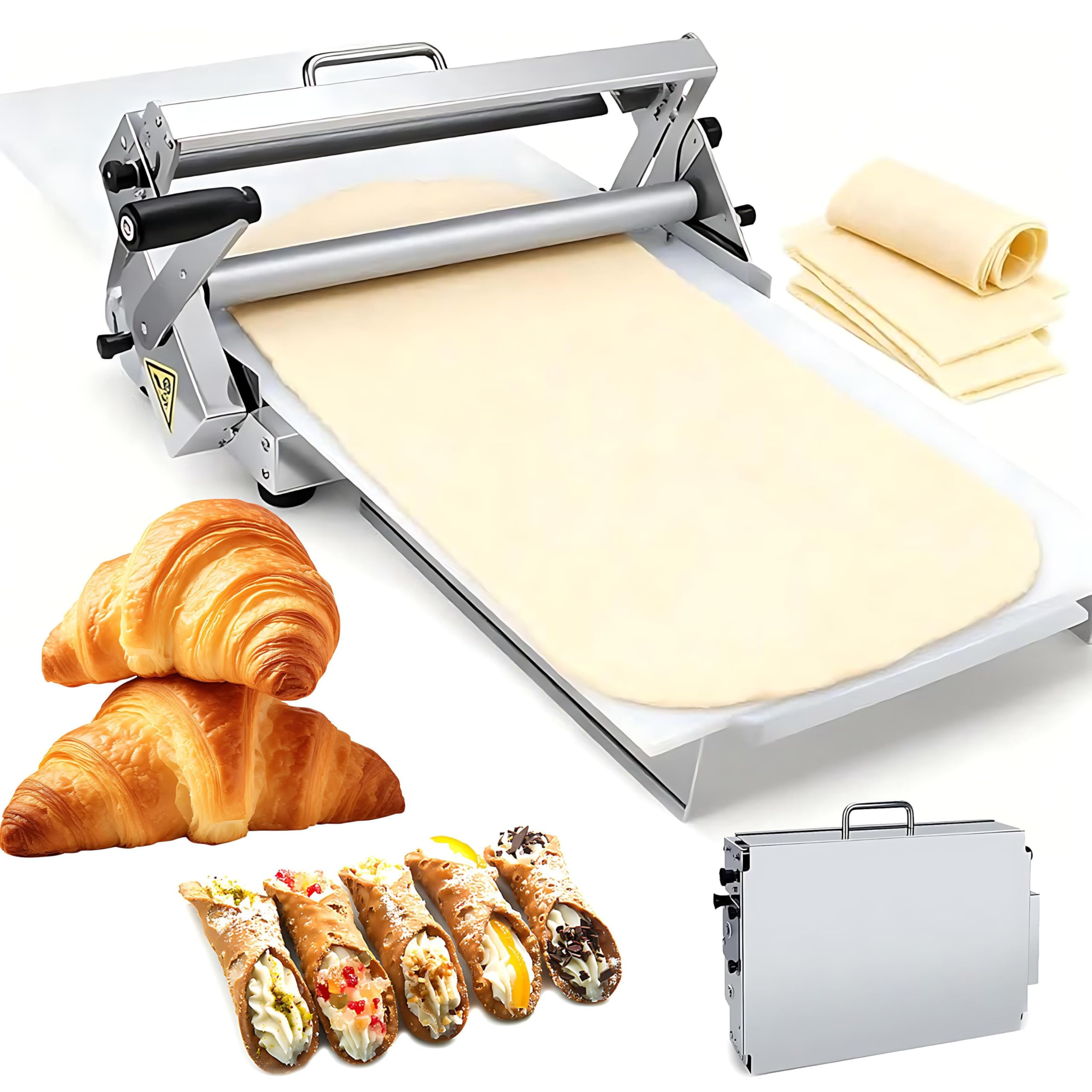 Sfogliatrice Pasticceria Manuale Pieghevole, Sfogliatrice Pasticceria Manuale In Acciaio Inox, Spessori Regolabili da 0 a 25 mm, Superficie Antiaderente in PP, per Croissant, Pizza e Pasta 400-Model