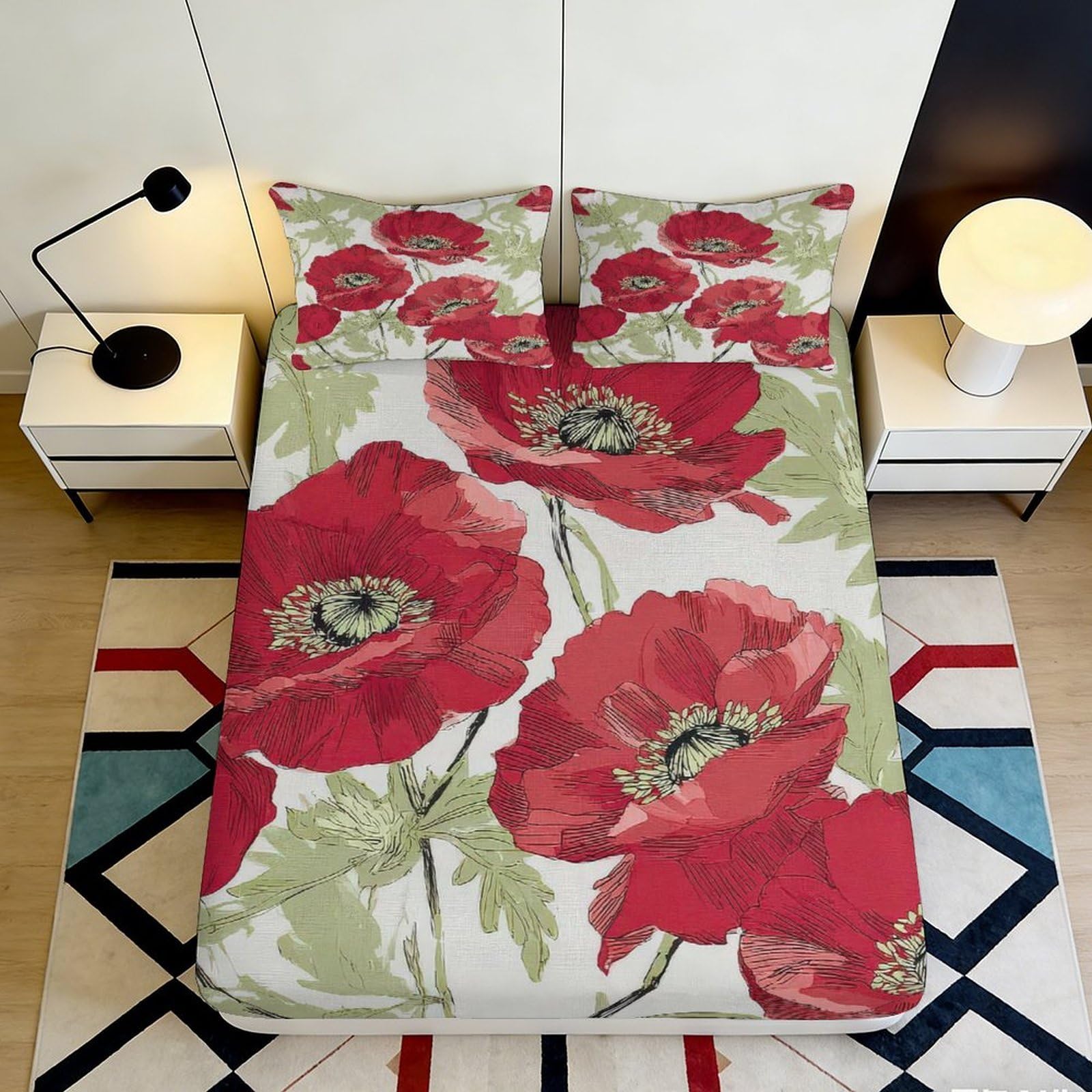 3D Printed Red Poppy Floral Fitted Sheet Microfiber Soft Breathable Green Botanical Bed Cover for Bedroom Mattress Protection Decor 120x200x25cm