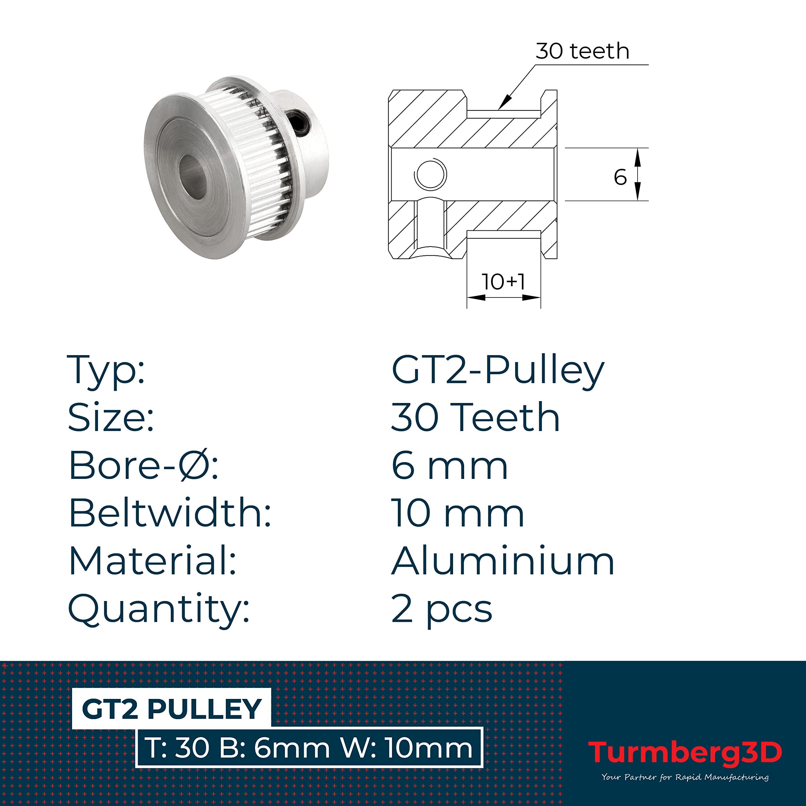 2 x GT2 koła pasowe / napęd pulley - 30 zębów - średnica otworu: 6 mm - szerokość paska: 10 mm (GT2-10 · 30T · Ø6)