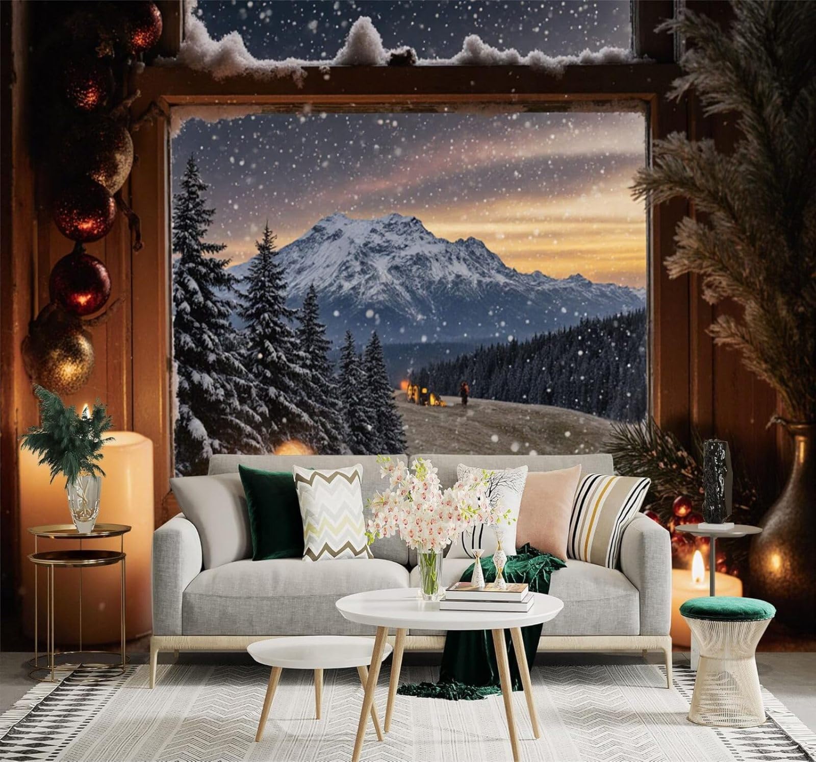 XLMING Cosy Winter Scenery Snow Capped Mountains Candles Pine Forest 3D Wallpaper Silky Texture Home Study Office Grey Dining Room Sofa Bedroom Living Room TV Backdrop-430cm×300cm
