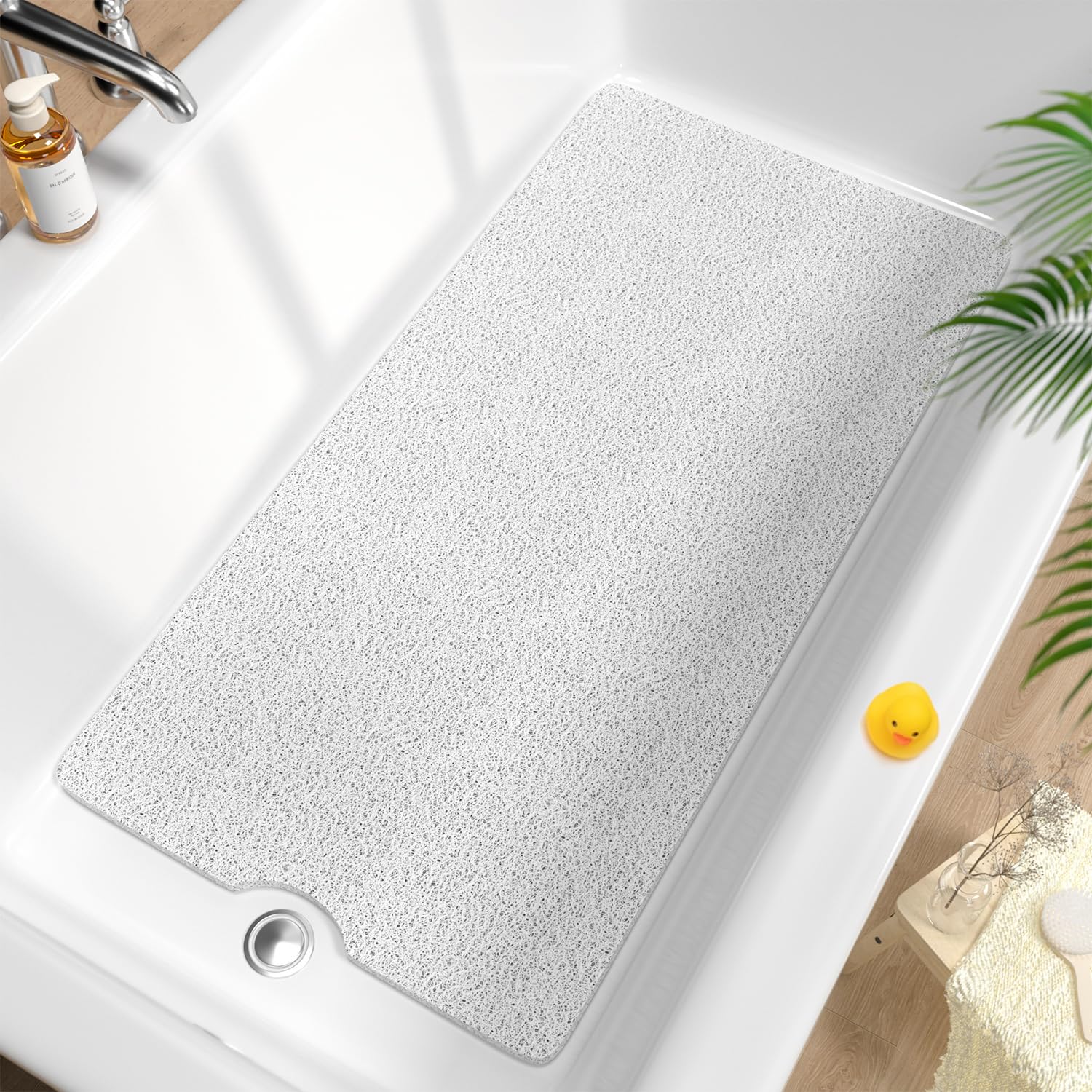 HITSLAM Non Slip Bath Mat 101 x 51cm, Extra Long Shower Mats for Inside Shower, Soft PVC Loofah Bathtub Mat with Drain, Quick Drying shower mat for Wet Area, Without Suction Cup, White