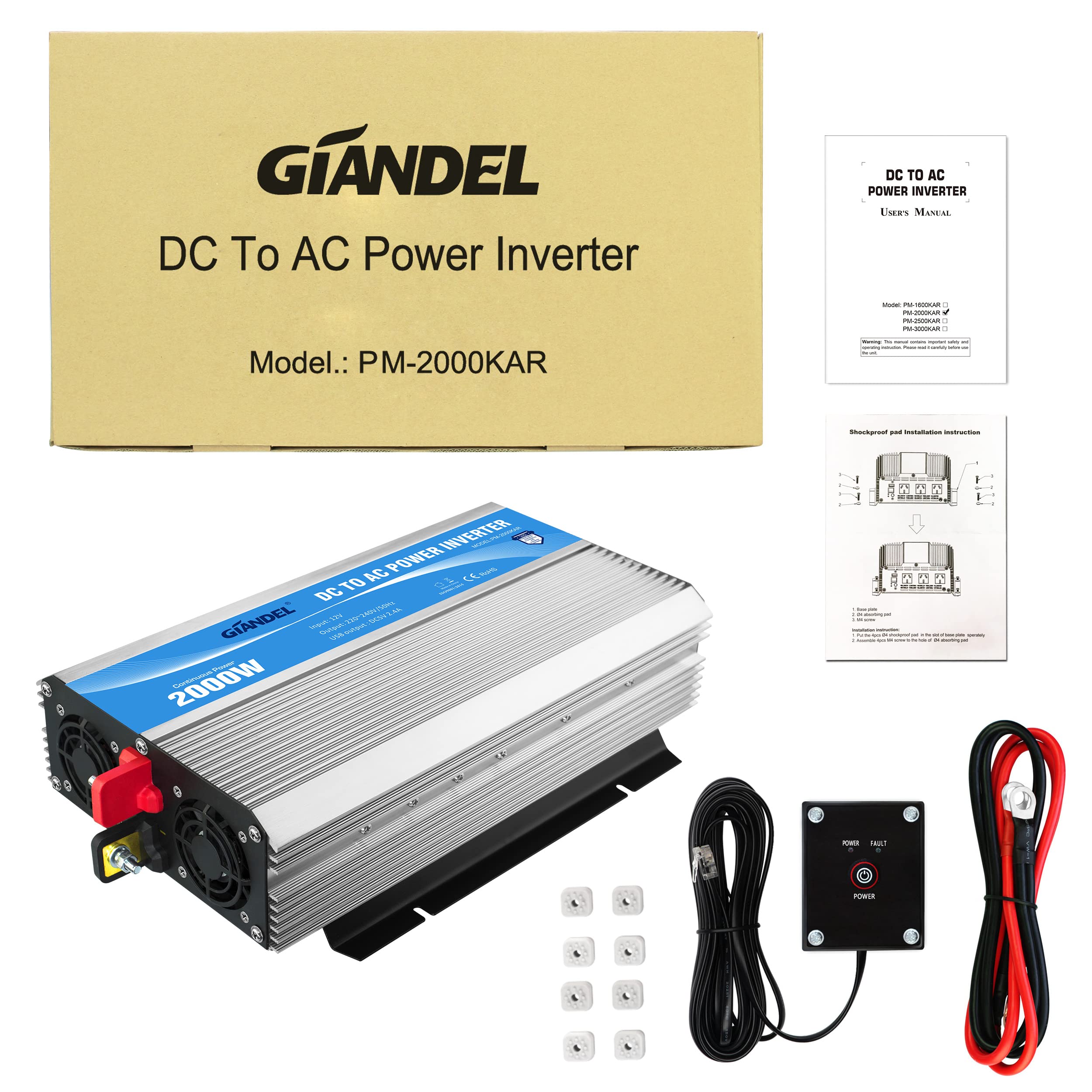 GIANDEL 2000W Modifizierter Welle Wechselrichter 12V auf 230V Spannungswandler Kompatibel Lithium-Batterie, mit Fernbedienung LED-Anzeige USB für Wohnmobil Umwandler-Inverter Konverter