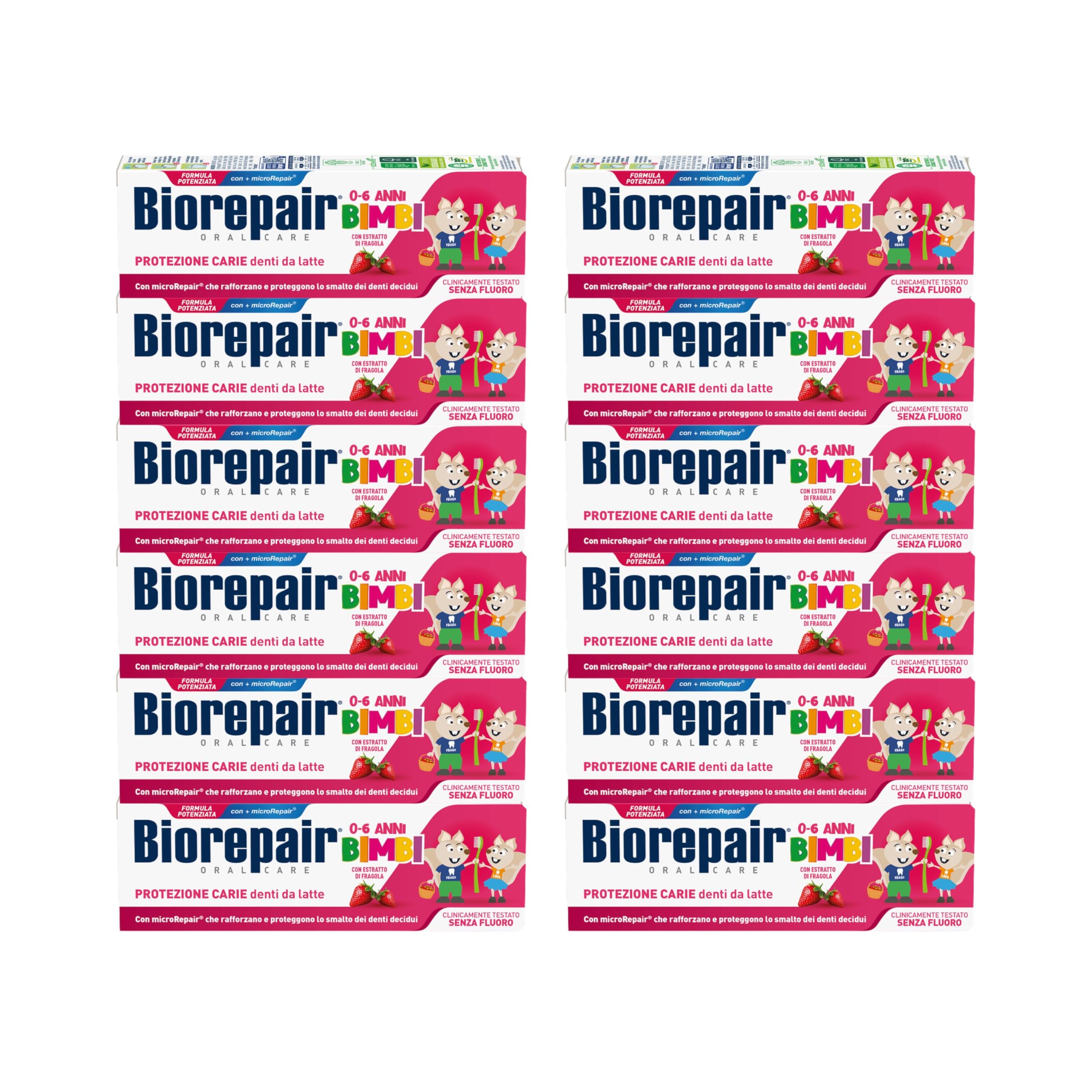 Biorepair Bimbi, Dentifricio Protezione Carie, Bambini 0-6 Anni, Con Estratto di Fragola, Con MicroRepair, Clinicamente Testato, Senza Fluoro e Coloranti, 12x50ml