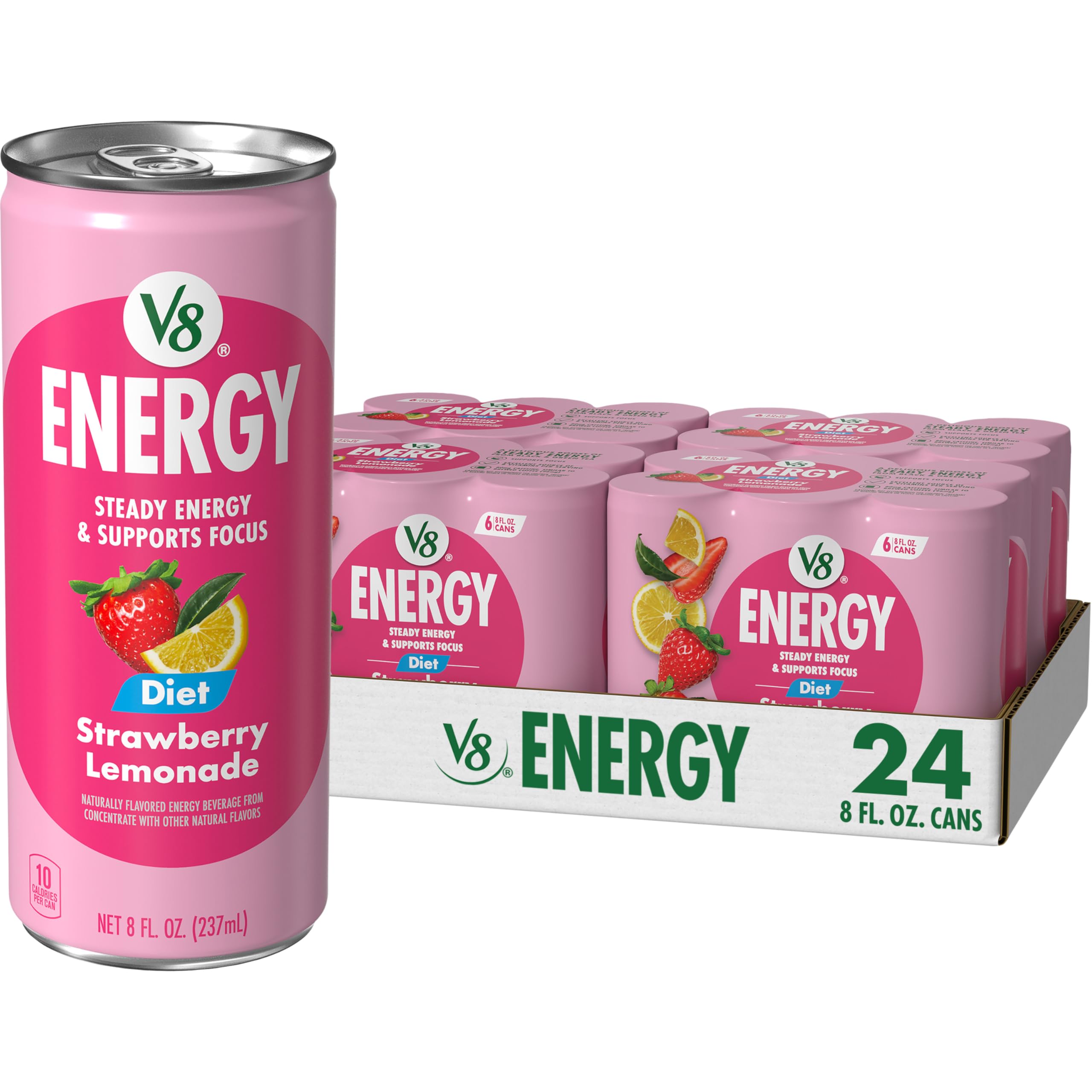 V8ENERGY Diet Strawberry Lemonade Energy Drink, Contains 10 Calories Per Serving, 8 FL OZ Can (4 Packs of 6 Cans)