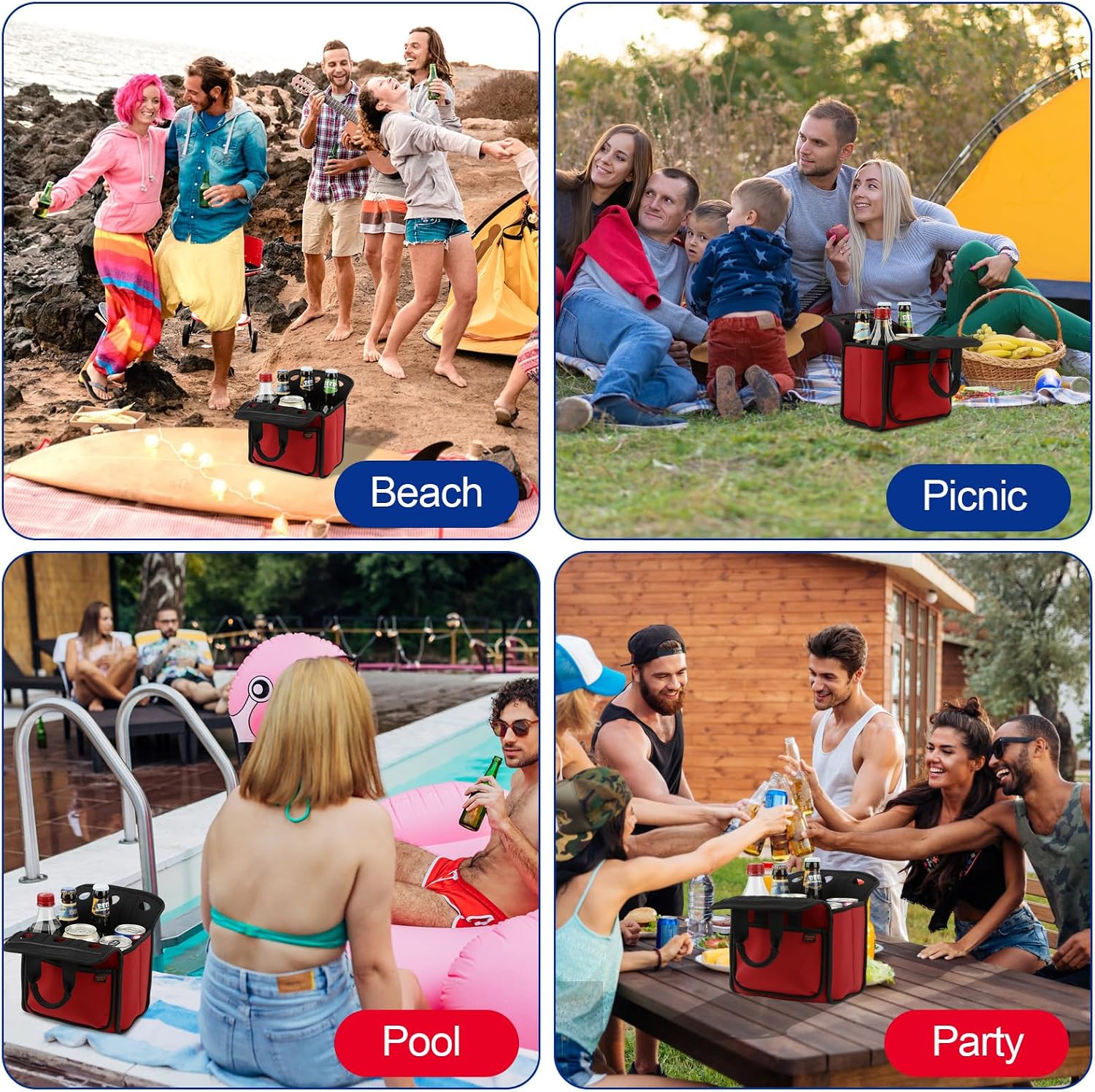 Portable Drinks Tote Bag for 6 PCS Beverage Cans/Bottles, Neoprene Insulated Drinks Can Bottle Carrier Tote Beverages Cans Cooler Bag Holder for Camping, Picnic, Party (Red)