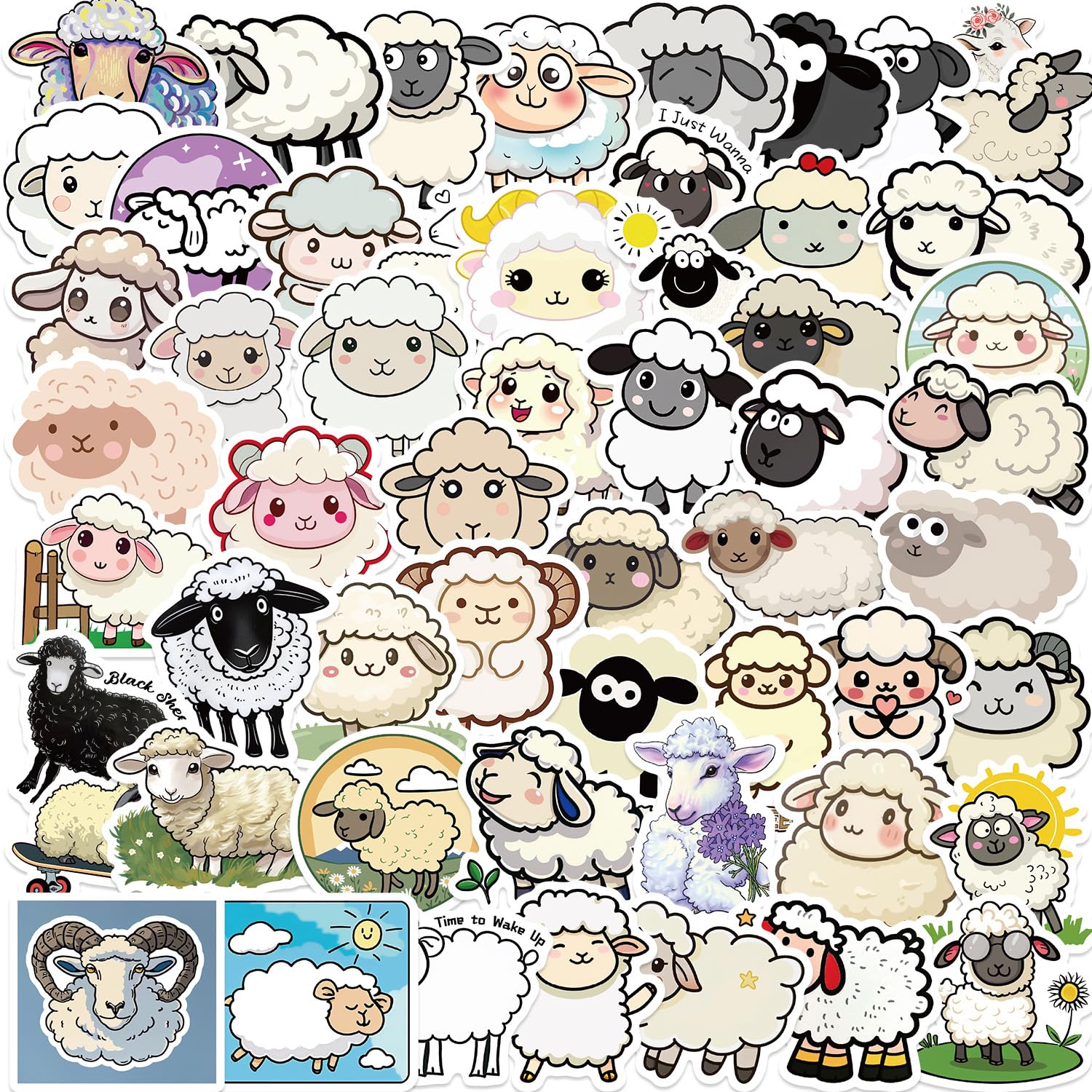 50Pcs Cartoon Sheep Stickers for Water Bottle,Helmet,Car,Phone,Scrapbook,Laptop,Skateboard,Luggage,Computer,Aesthetic Animal Vinyl Sticker,Children Adults Gift,Cute Lambs Waterproof Graffiti Decals - Image 3