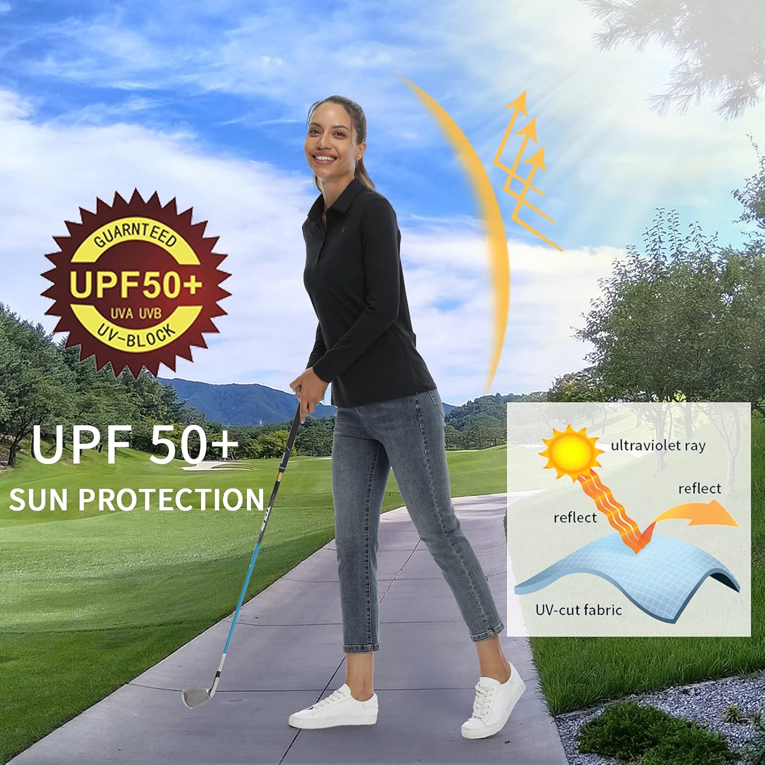 CQC Women's Golf Polo Shirts Long Sleeve Sports Athletic Shirts Tennis Tops Fitness T-Shirt UPF 50+ Quick Dry Black XXL