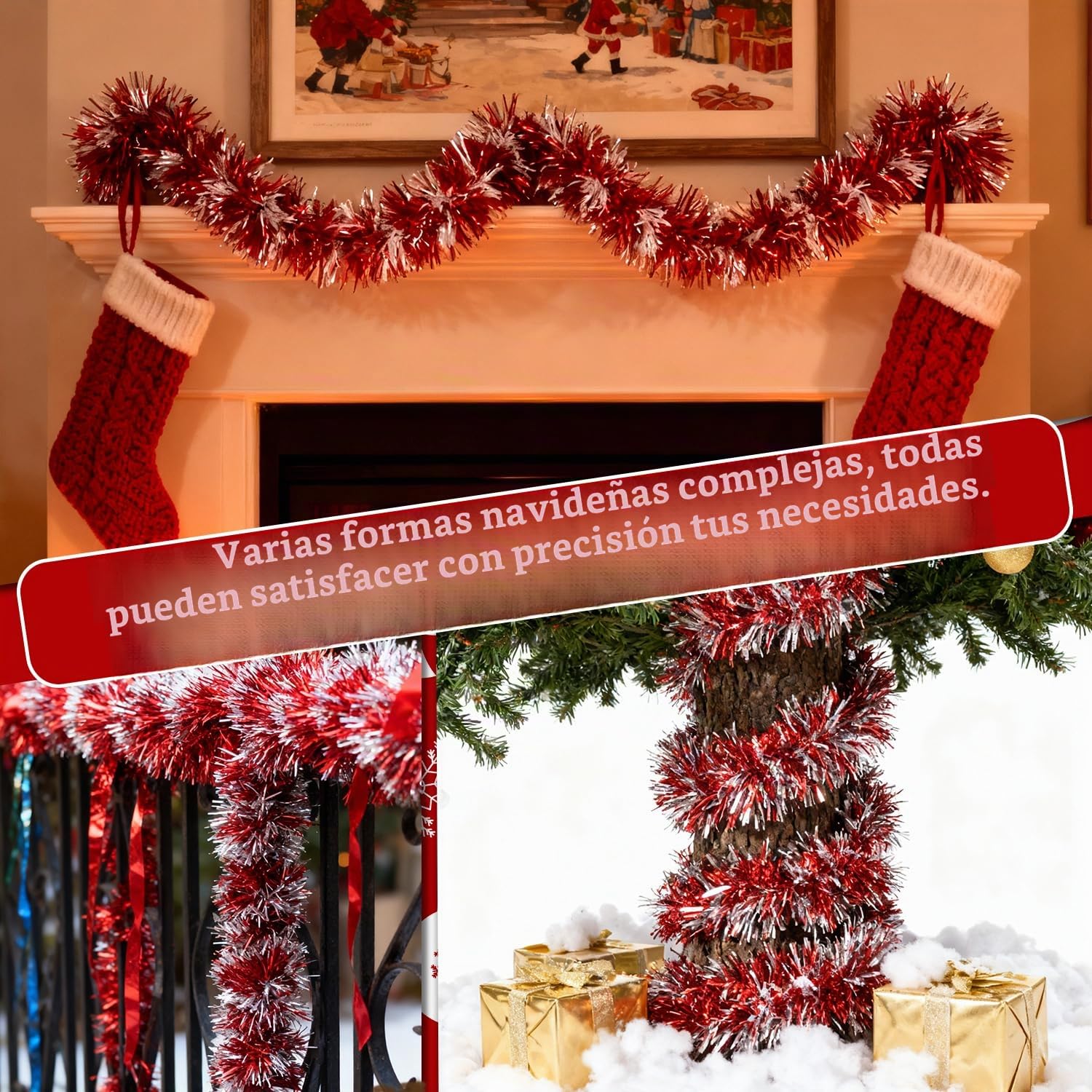 20m Espumillon Arbol Navidad Guirnalda - Rojo Guirnaldas Natal Navideñas Christmas Garland, Espumillón Navidad Decoracion Adornos para Exterior Hogar Puerta Escaleras Balcon