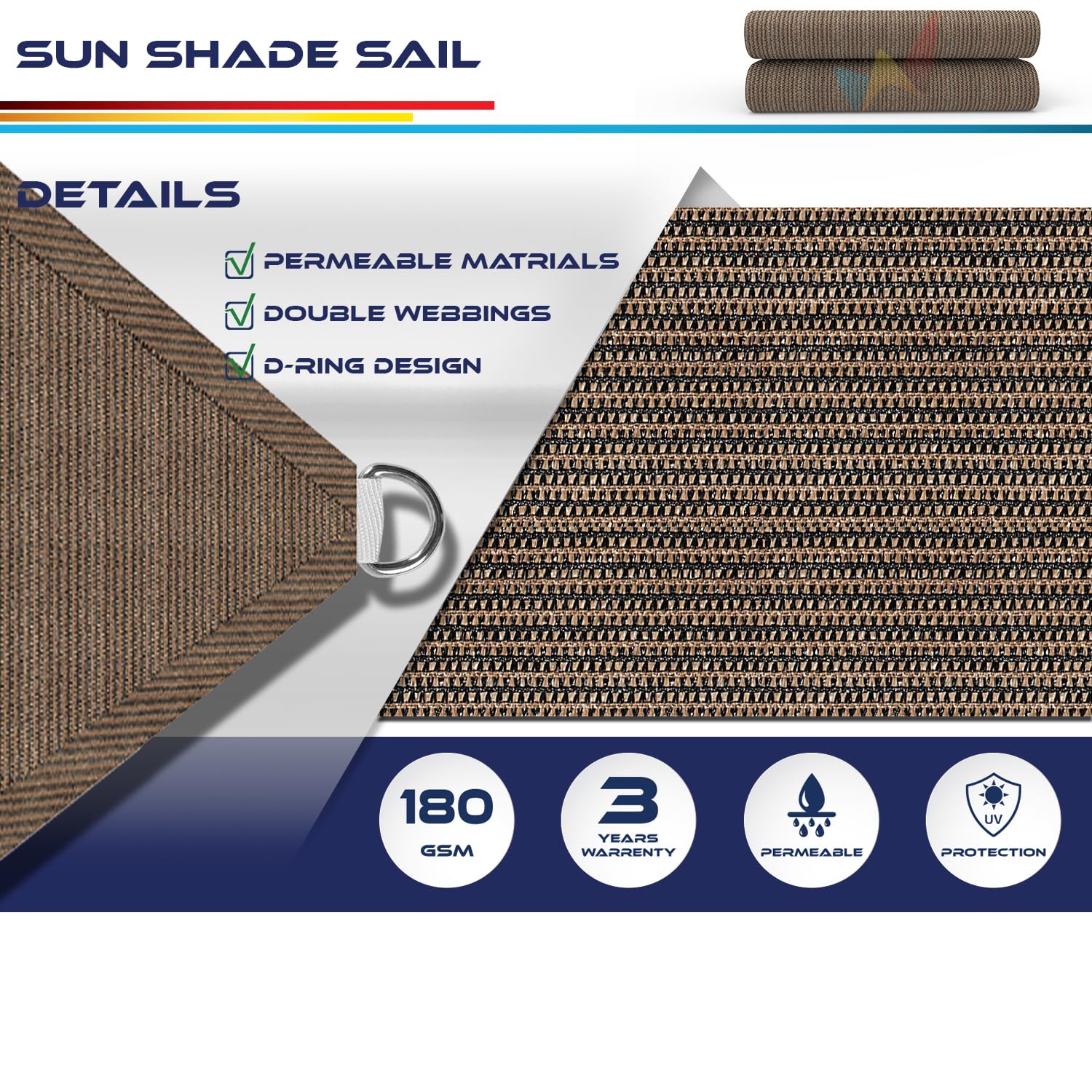Windscreen4less Tenda parasole, 45,7 x 45,7 m, rettangolare, protezione dai raggi UV, per cortile, portico, pergola, giardino, patio (marrone)