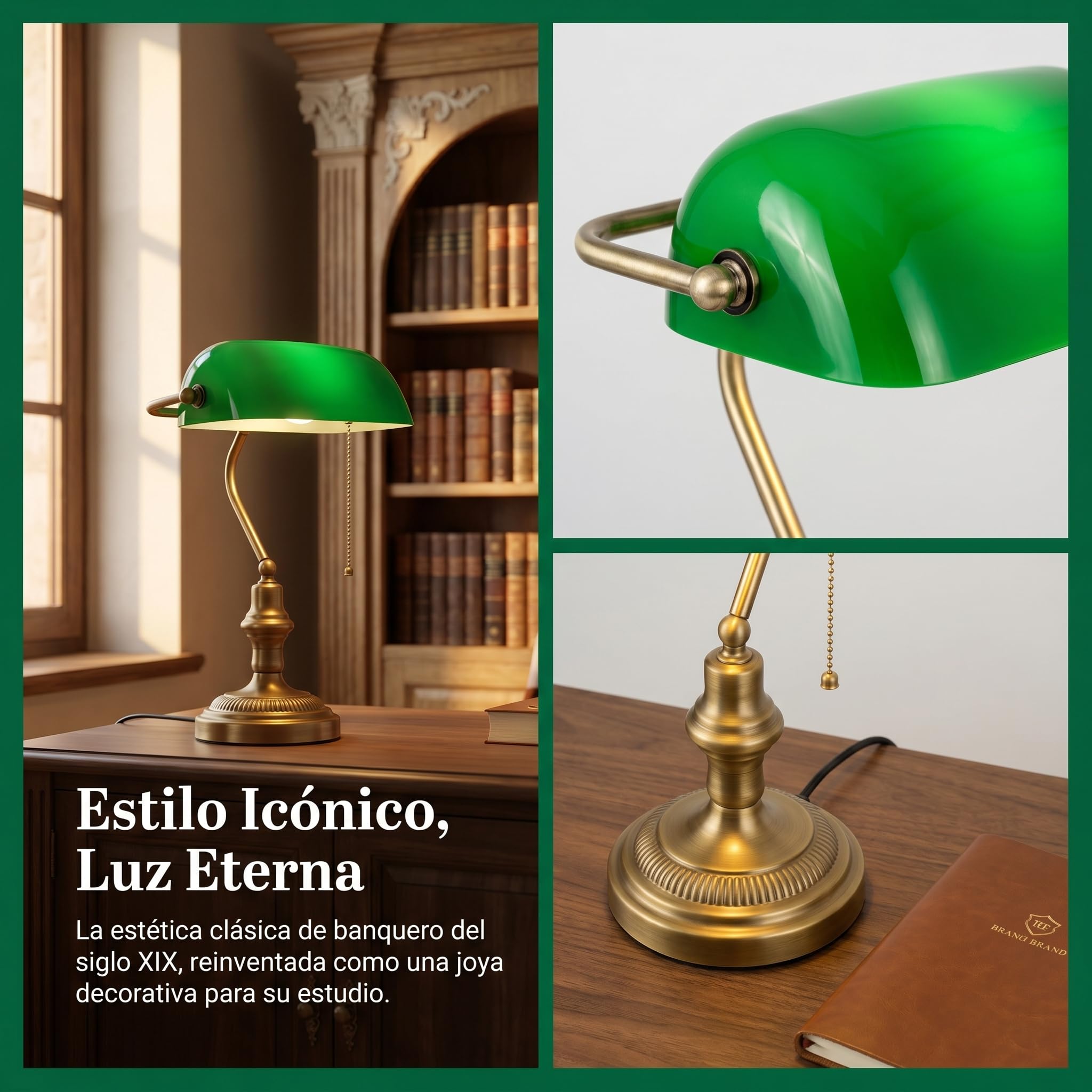 BARCELONA LED Lámpara Banquero Vintage E27 Orientable Con Cristal Verde